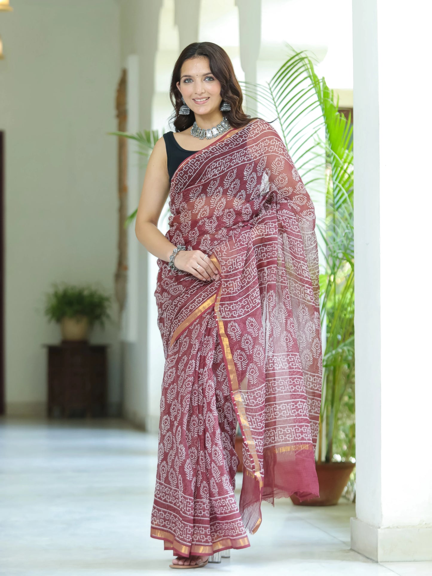 Morpankh Printed Maroon Pure Hand Block printed Kota Doria saree