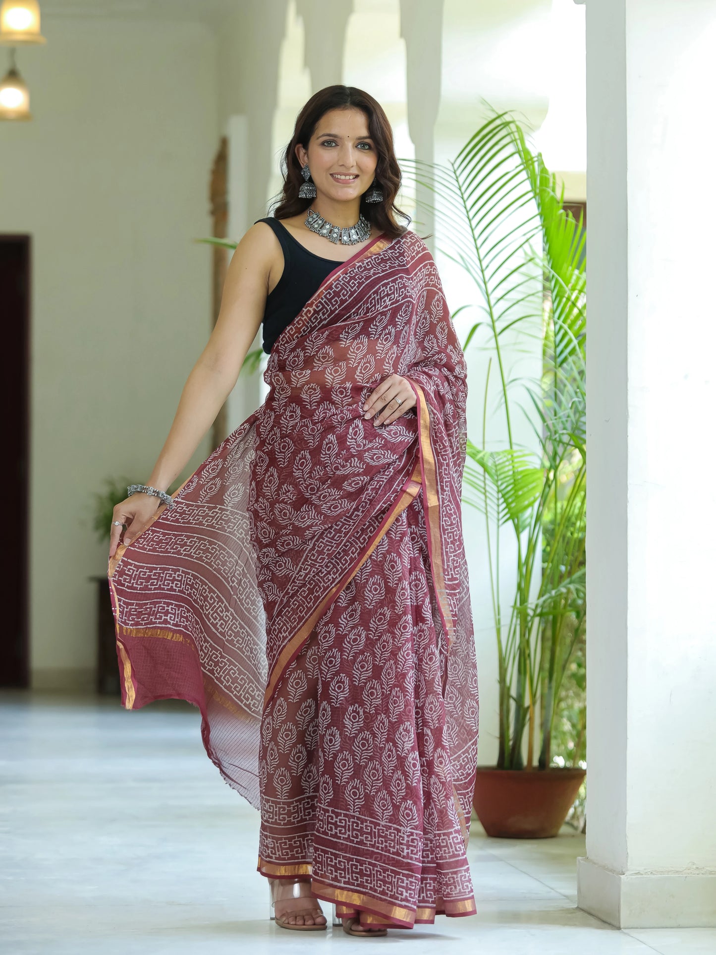 Morpankh Printed Maroon Pure Hand Block printed Kota Doria saree