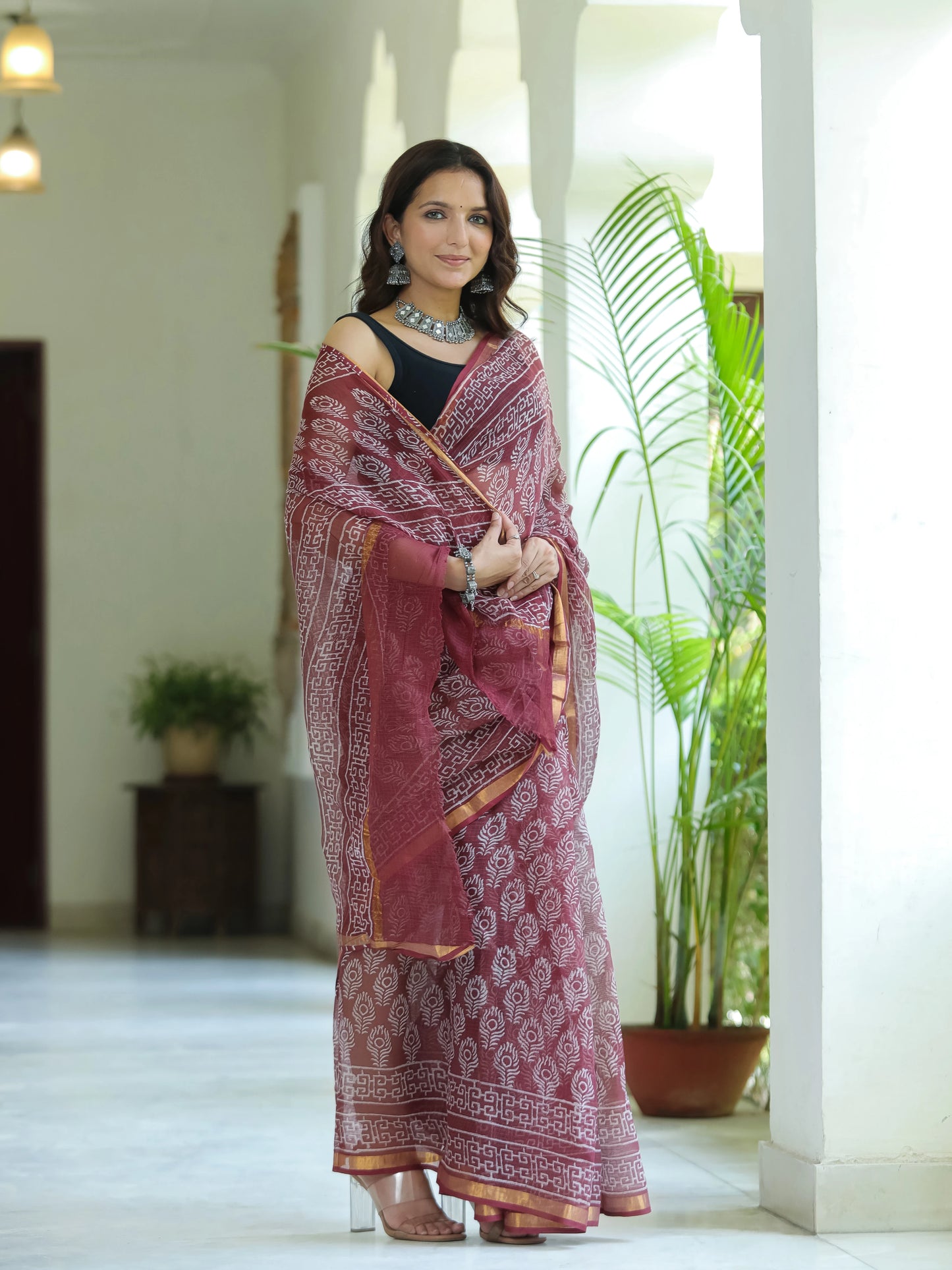 Morpankh Printed Maroon Pure Hand Block printed Kota Doria saree