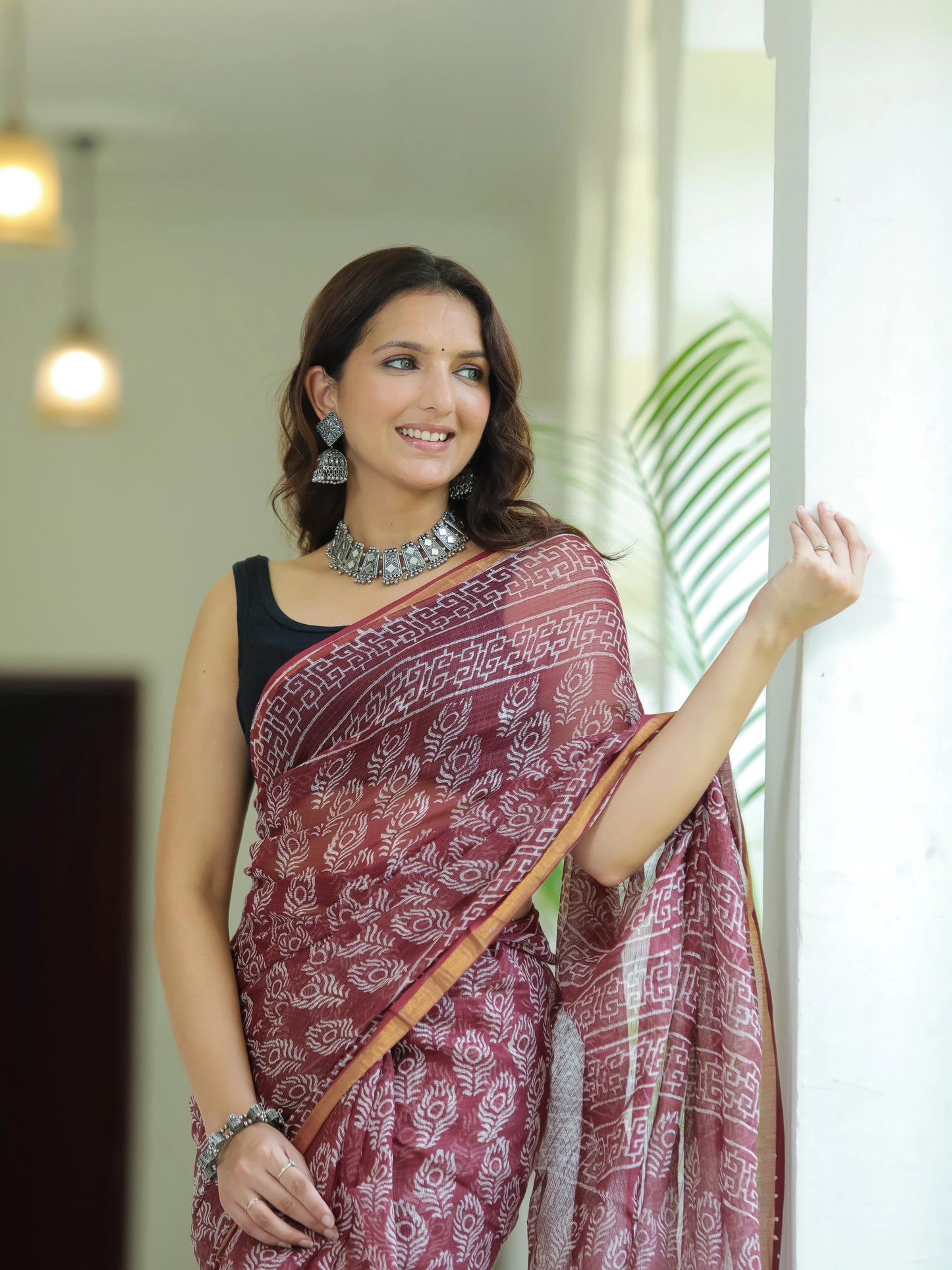 Morpankh Printed Maroon Pure Hand Block printed Kota Doria saree