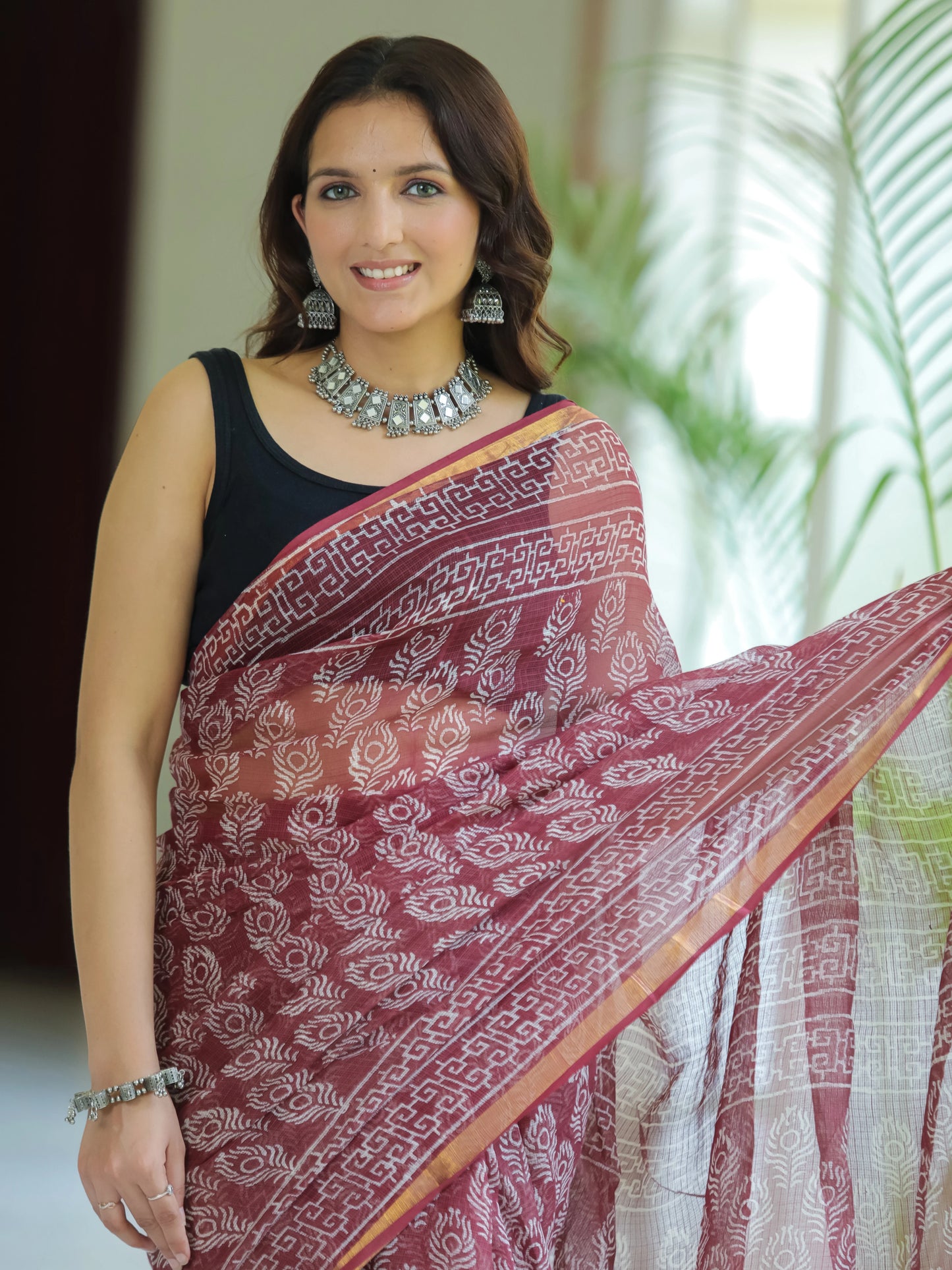 Morpankh Printed Maroon Pure Hand Block printed Kota Doria saree