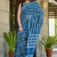 Indigo kamal booti block print pure cotton saree