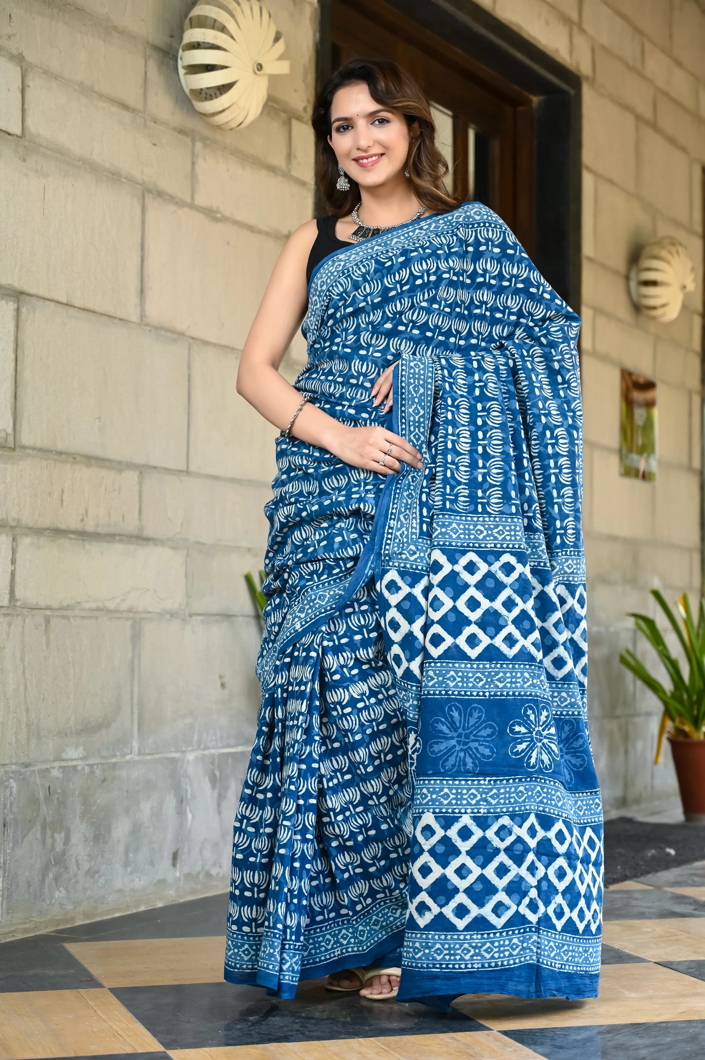 Indigo kamal booti block print pure cotton saree