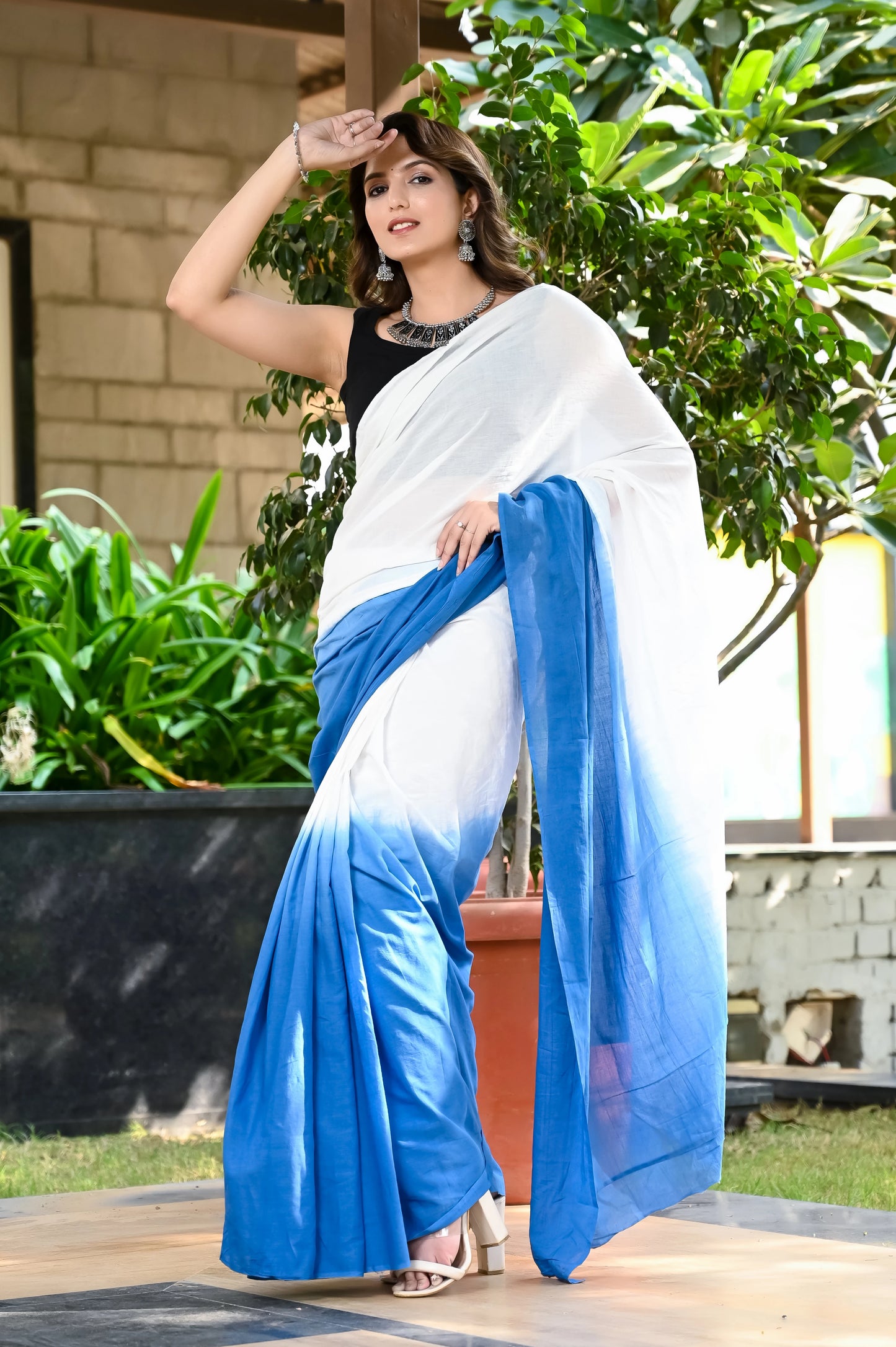White & Blue based tie die print cotton saree