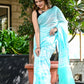 White and turquoise tie die print pure cotton saree