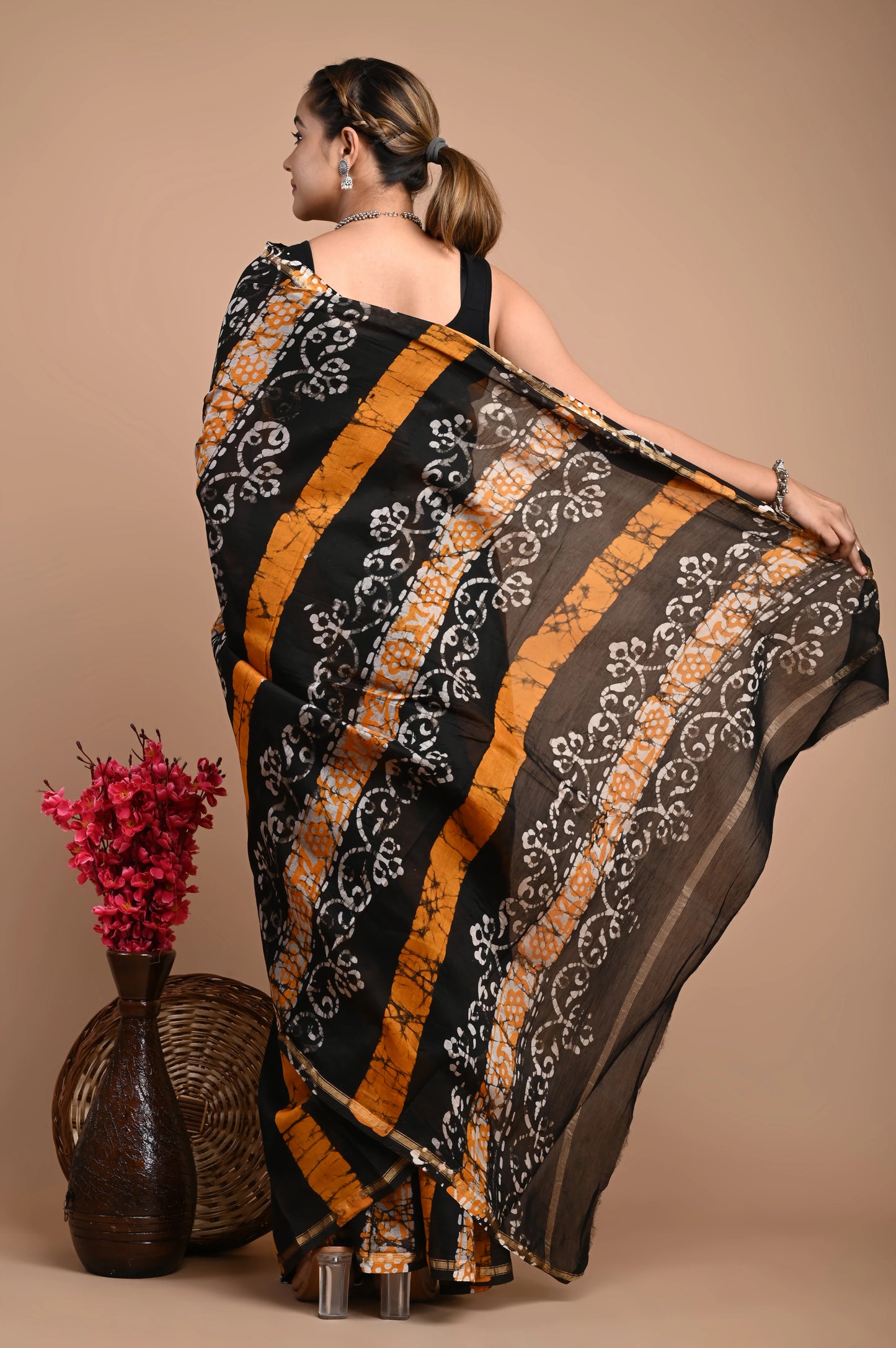 Hand Block Printed Chanderi Silk Saree (Batik Print)