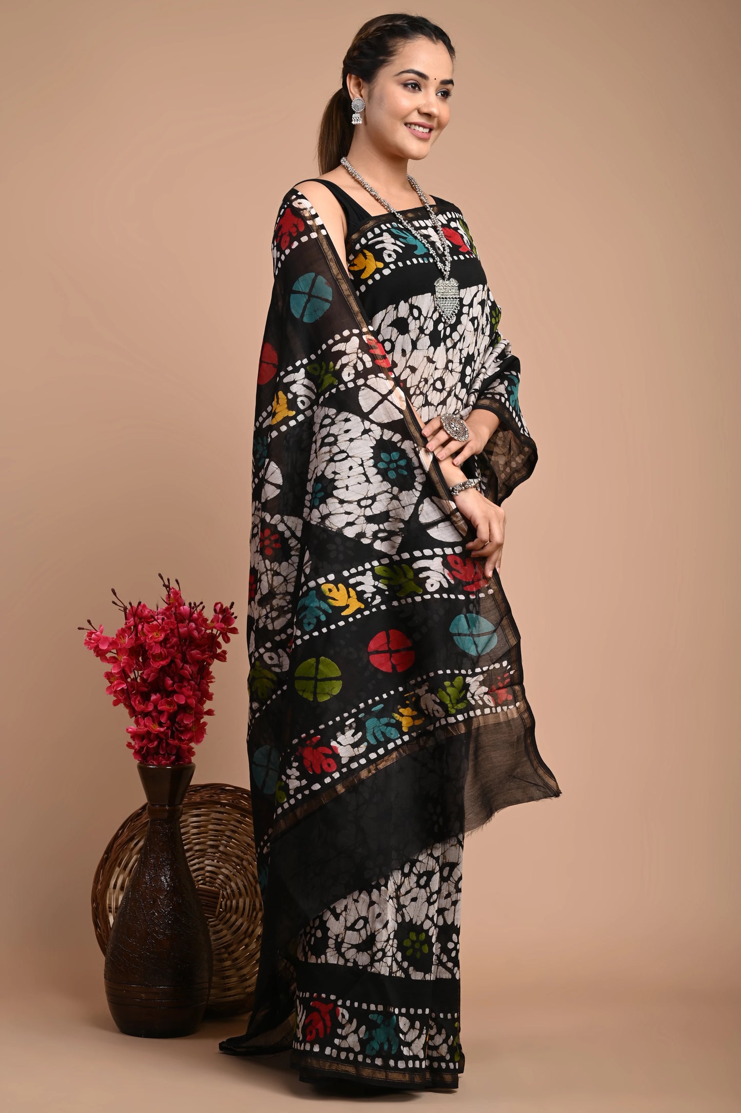 Hand Block Printed Chanderi Silk Saree (Batik Print)