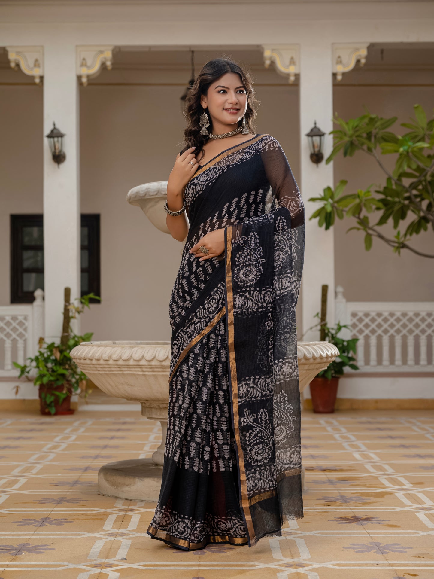 Black Batik printed pure Kota Doria saree