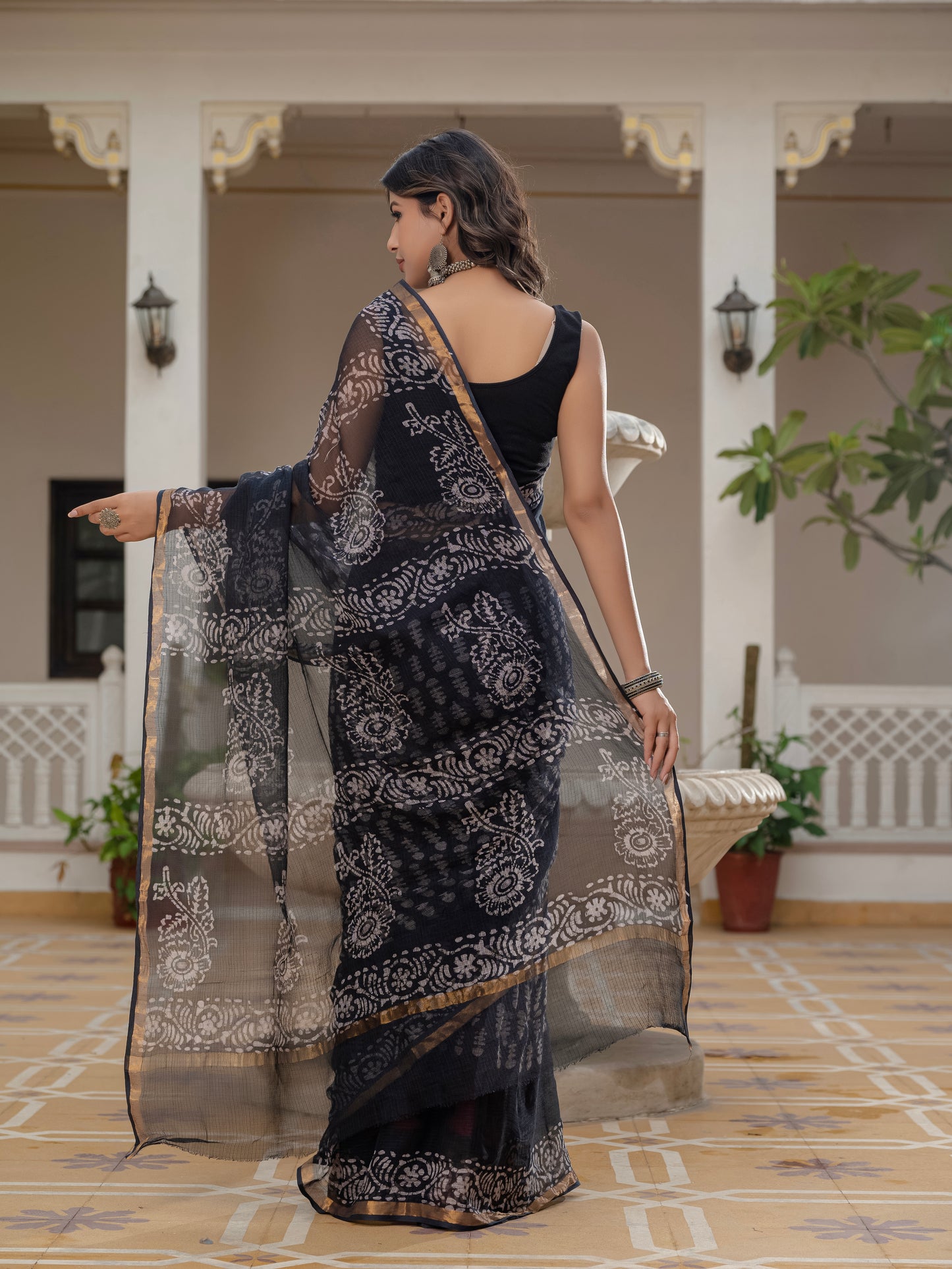 Black Batik printed pure Kota Doria saree