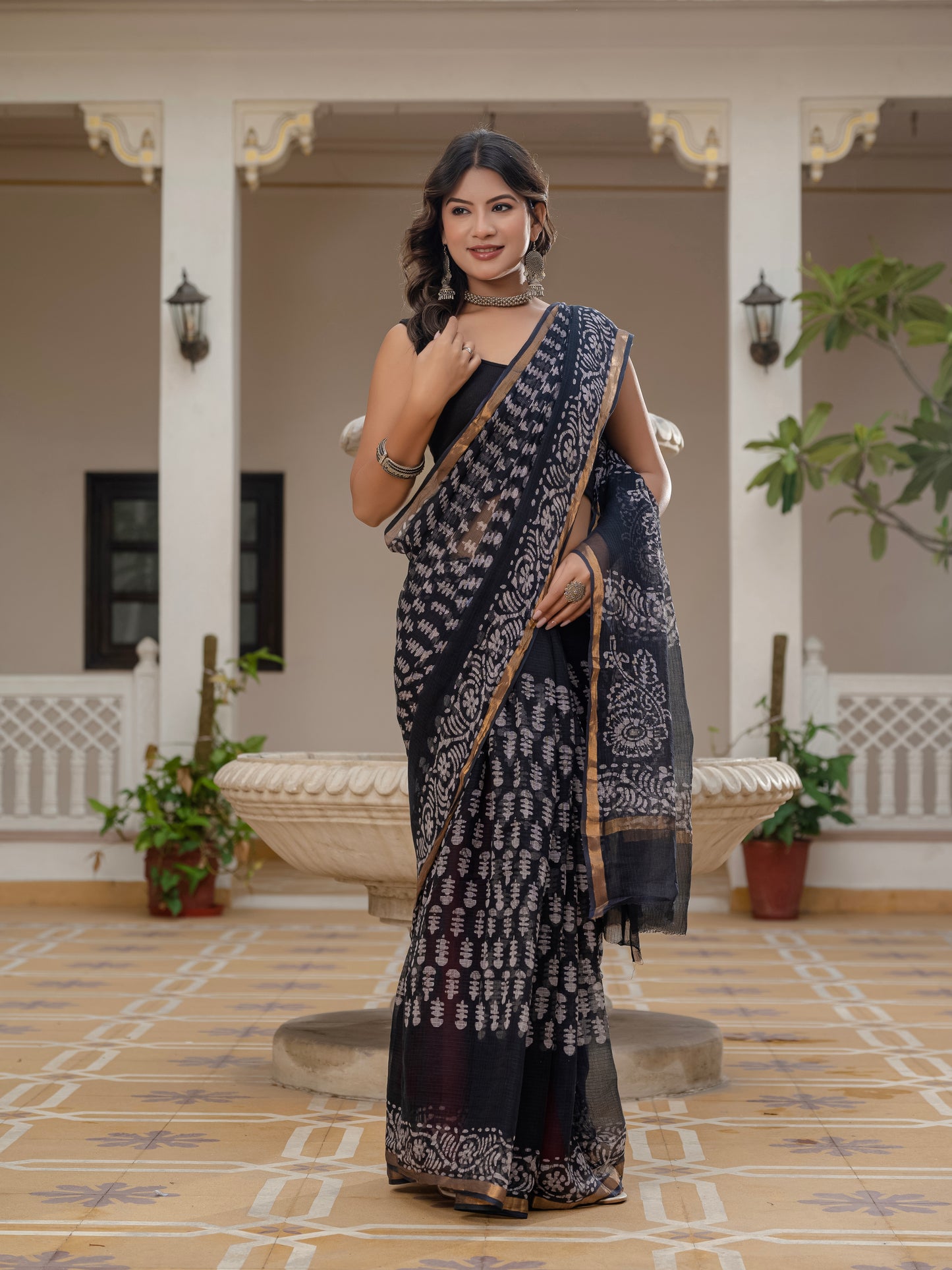 Black Batik printed pure Kota Doria saree