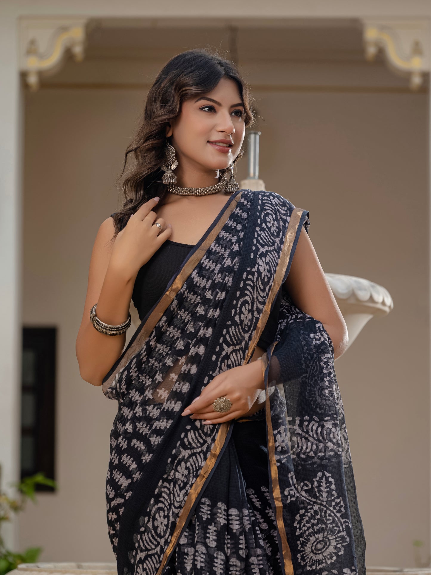 Black Batik printed pure Kota Doria saree