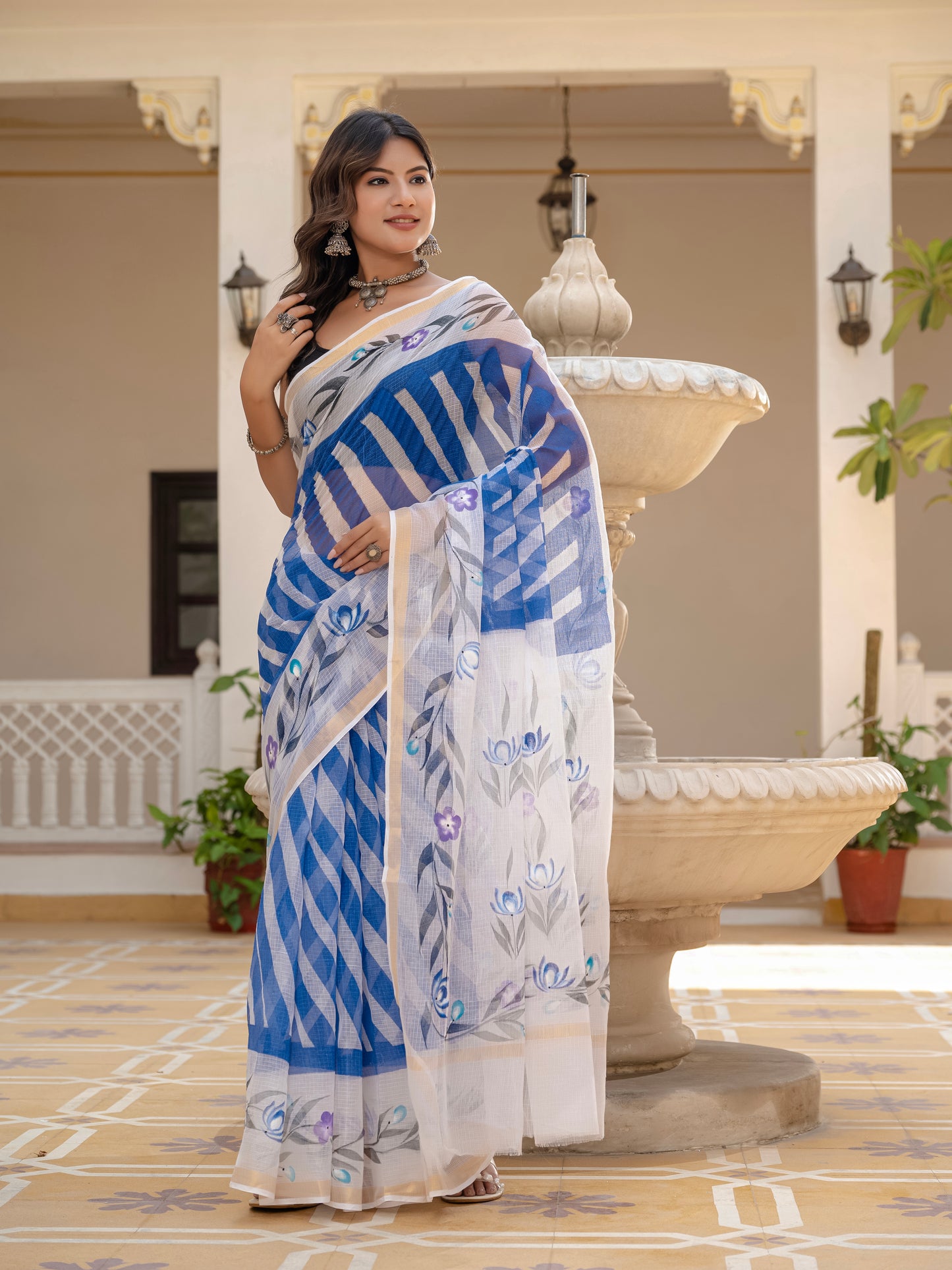 Blue Lehriya pure Kota Doria saree