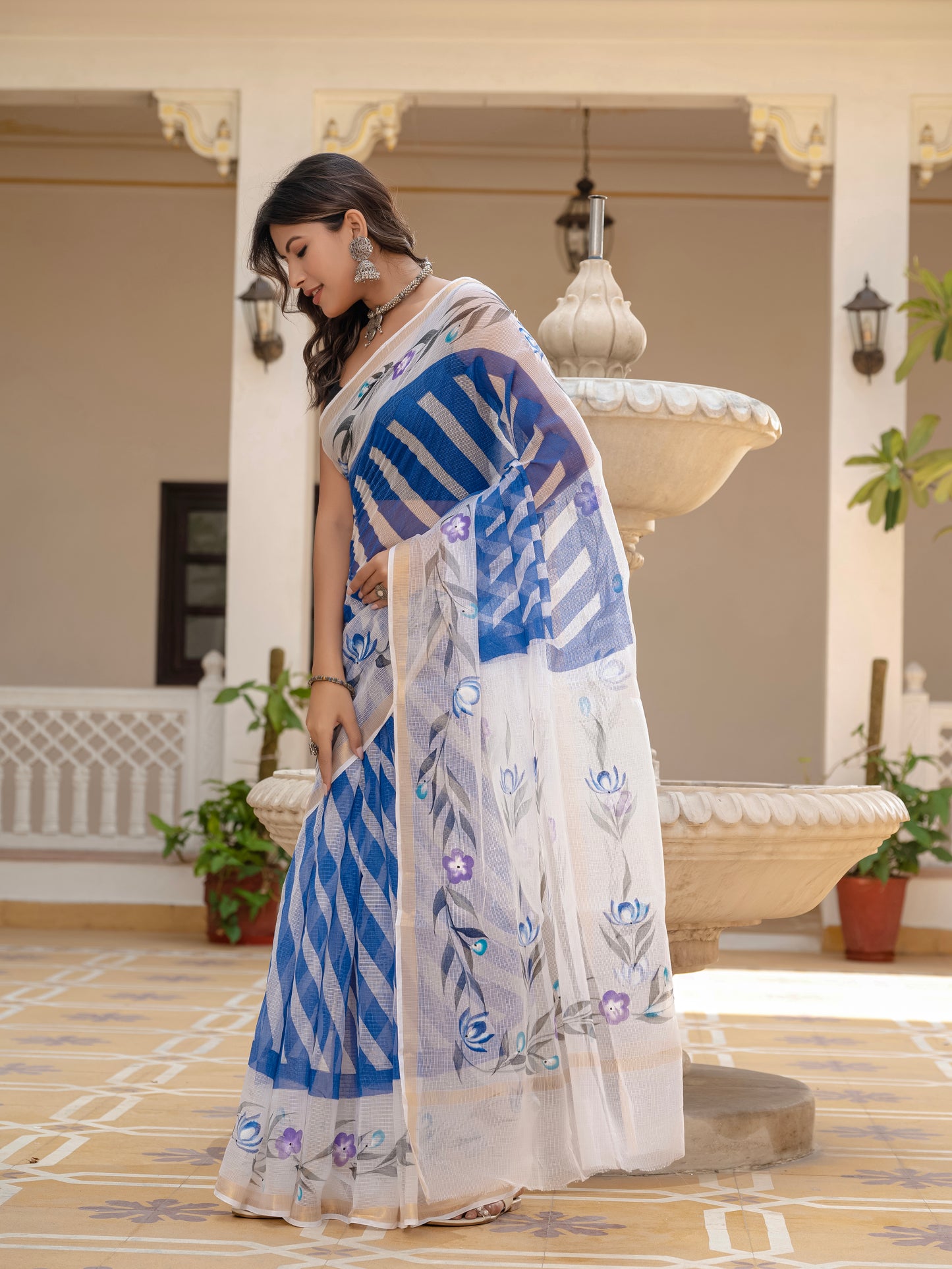 Blue Lehriya pure Kota Doria saree