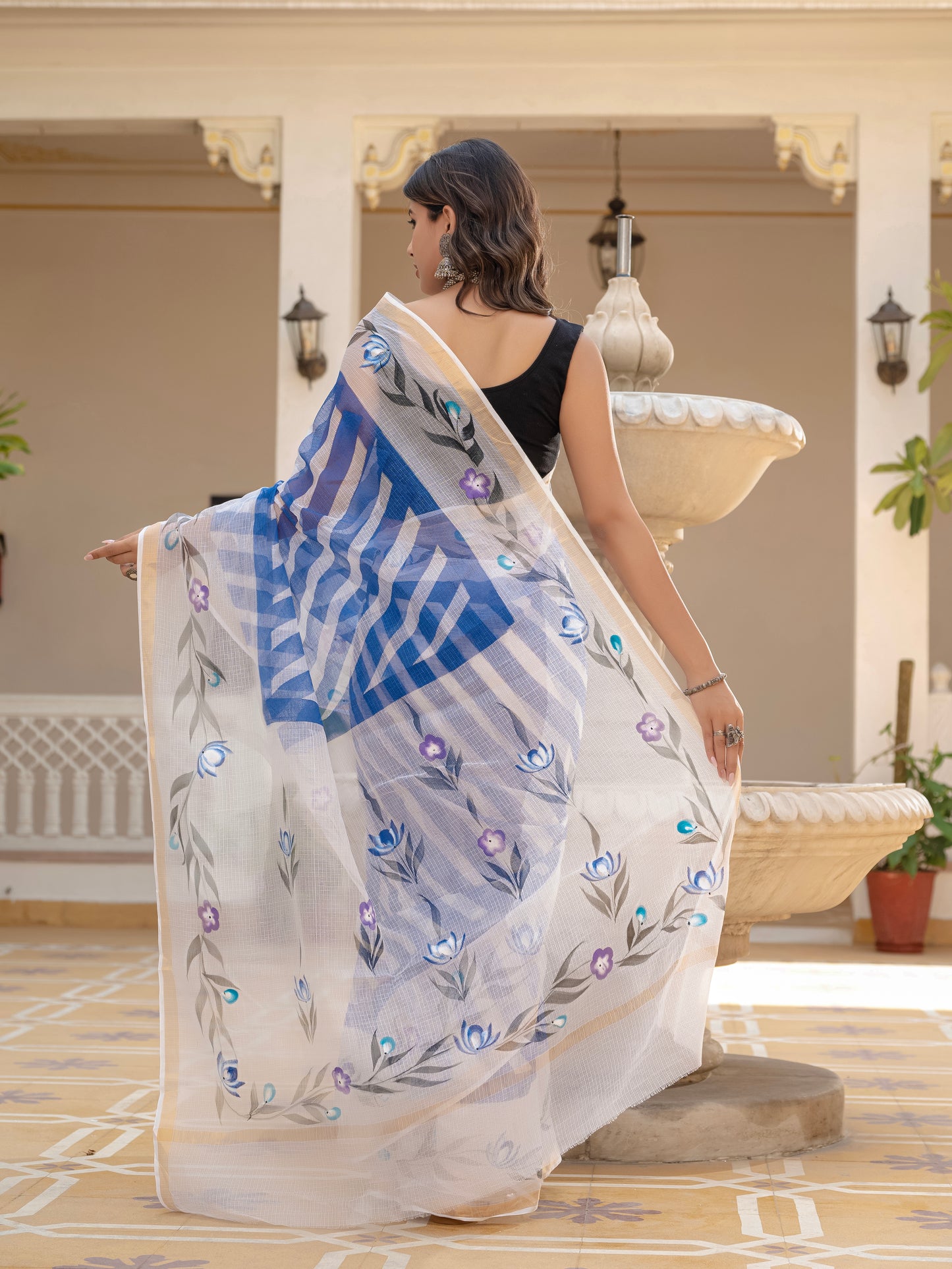 Blue Lehriya pure Kota Doria saree