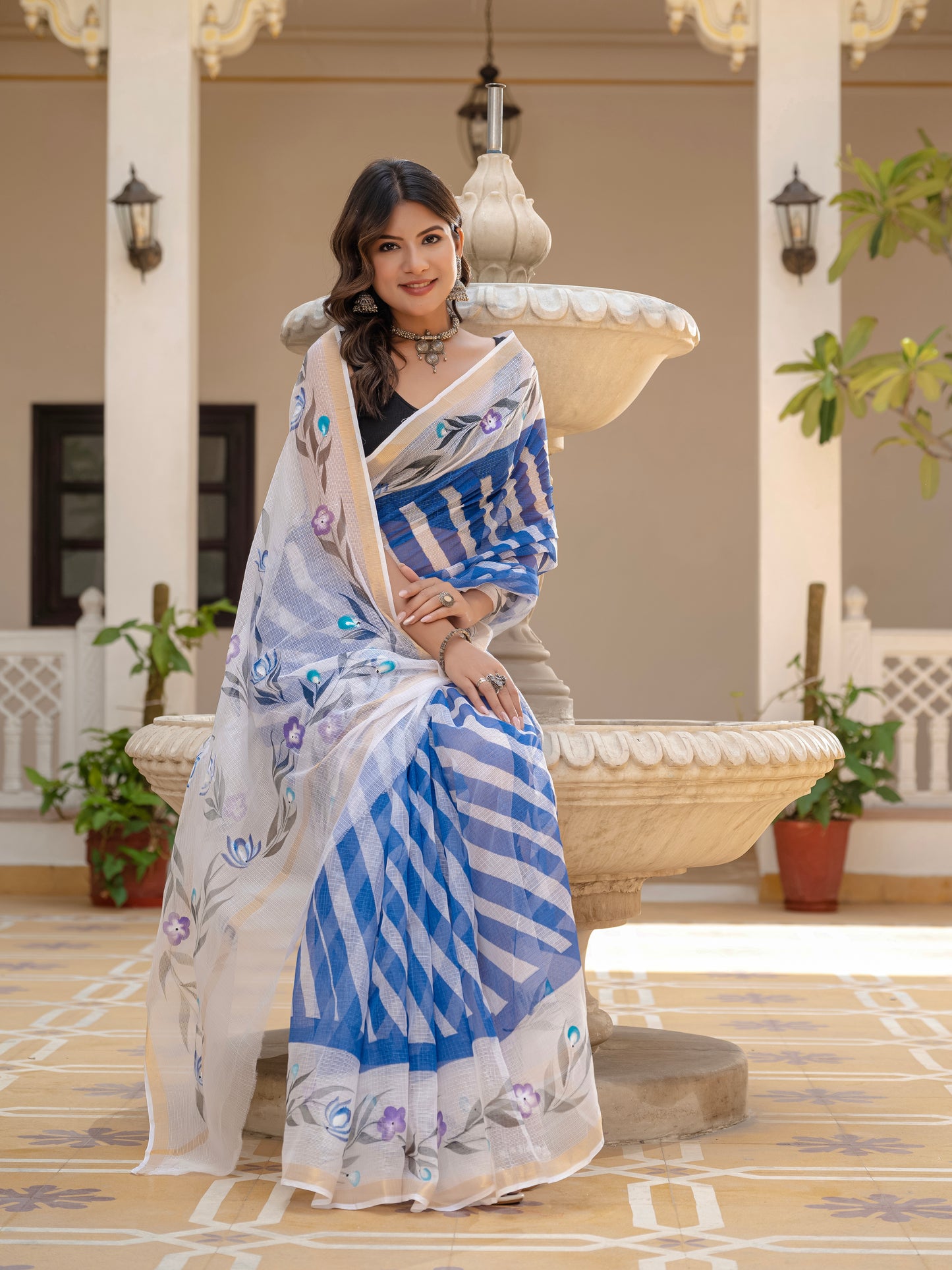 Blue Lehriya pure Kota Doria saree