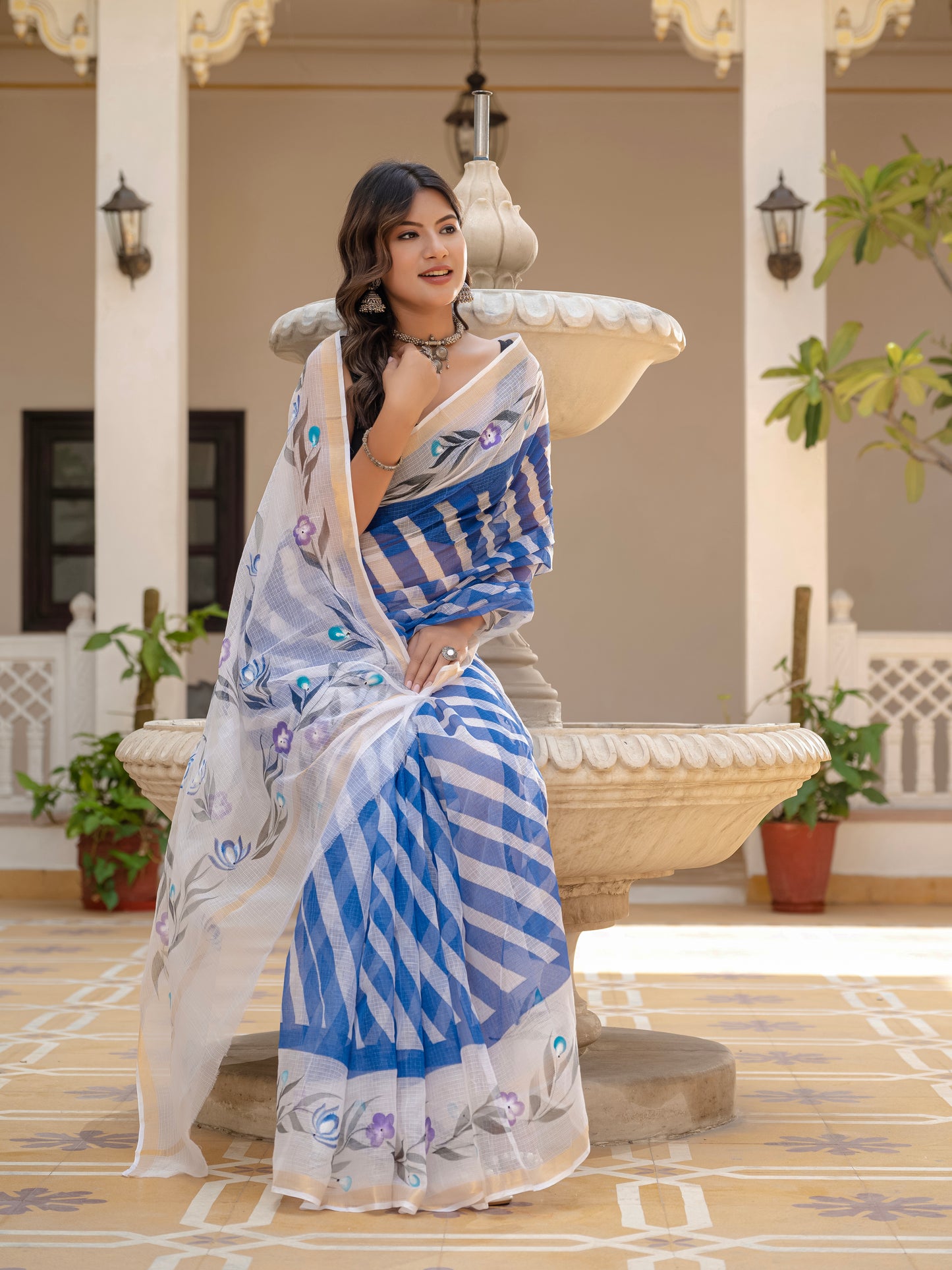 Blue Lehriya pure Kota Doria saree