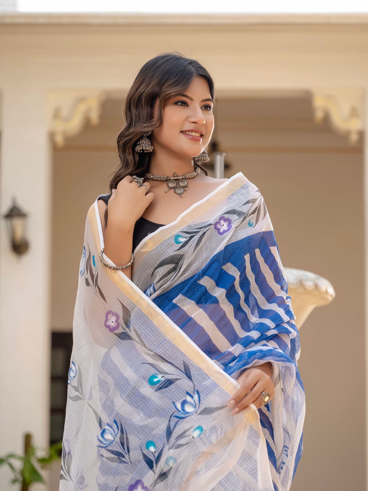 Blue Lehriya pure Kota Doria saree