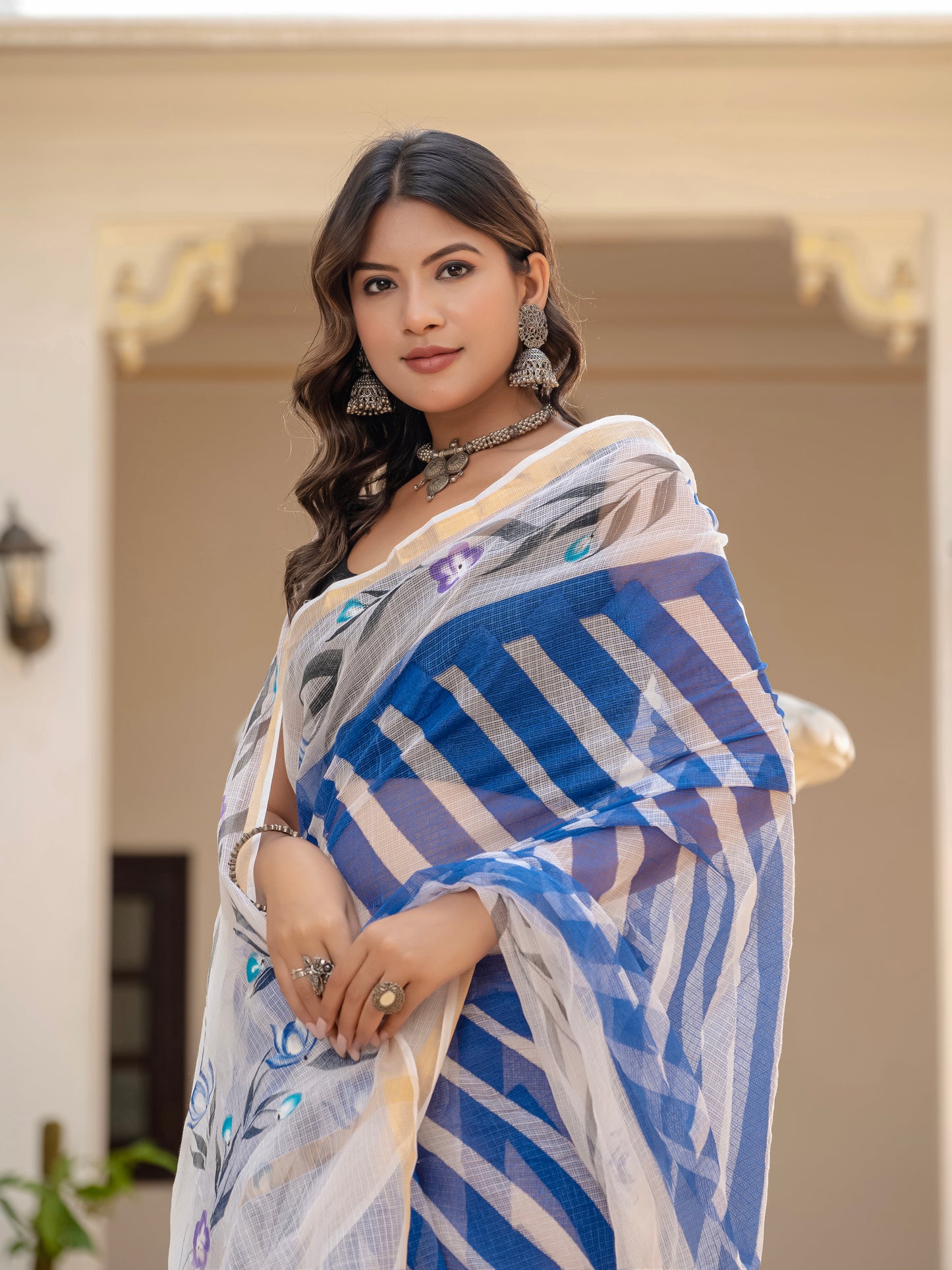 Blue Lehriya pure Kota Doria saree