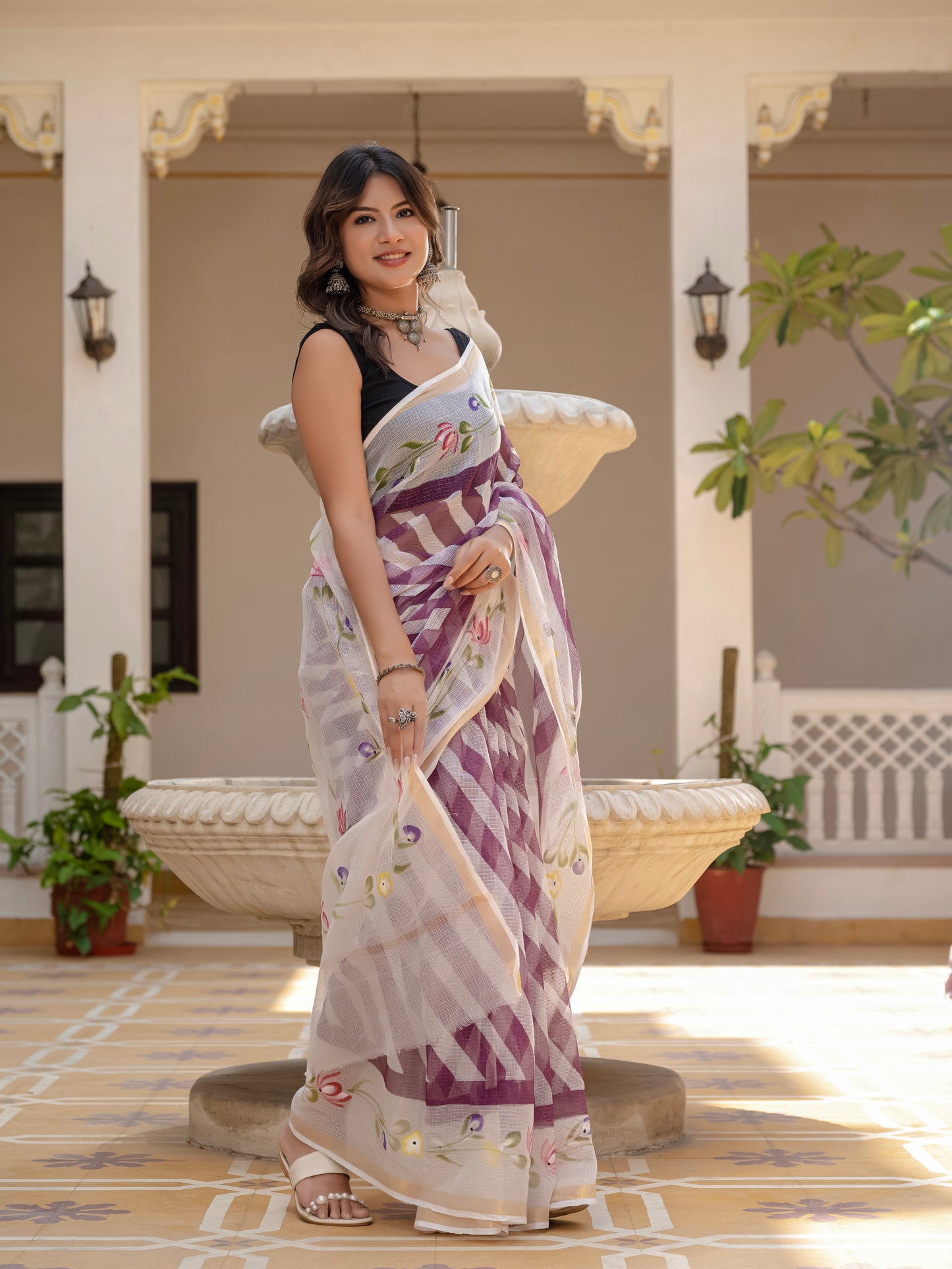 Purple Lehriya pure Kota Doria saree