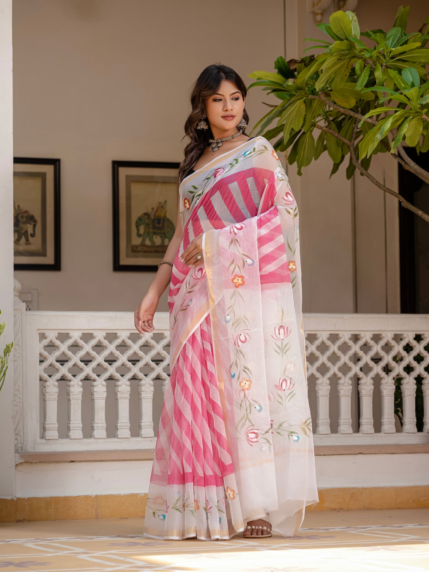 Pink Lehriya pure Kota Doria saree