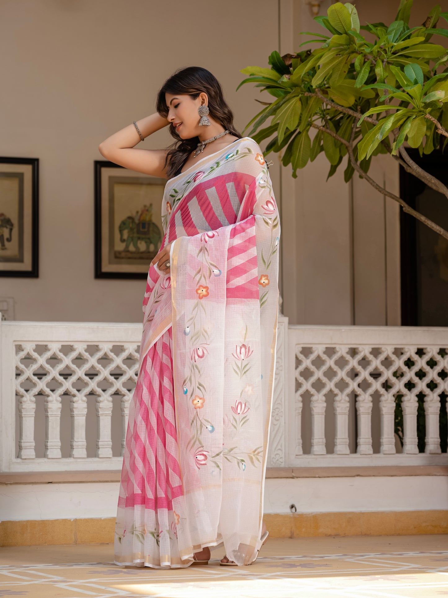 Pink Lehriya pure Kota Doria saree