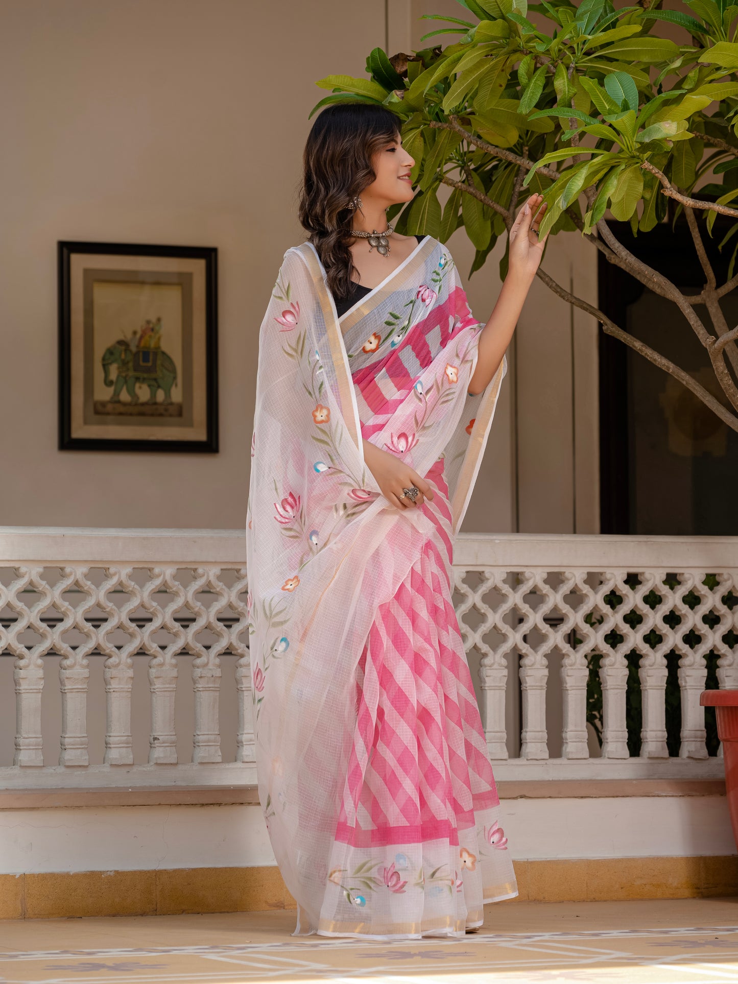 Pink Lehriya pure Kota Doria saree
