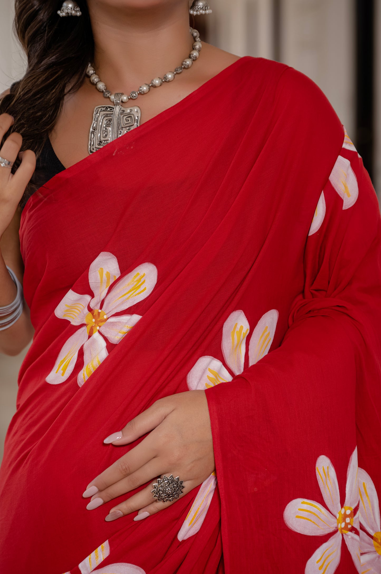 Tomato Red Hand painted saree