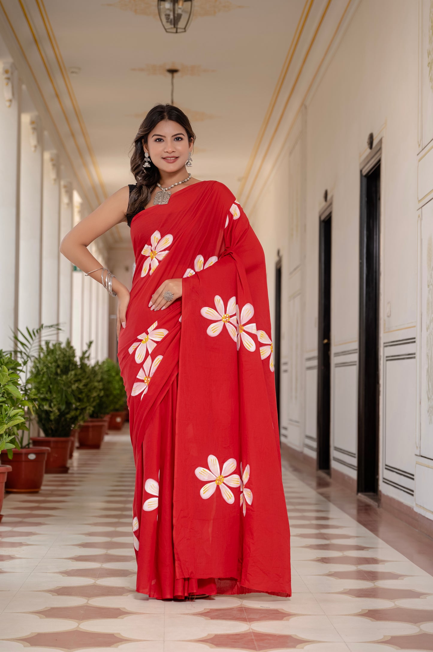 Tomato Red Hand painted saree