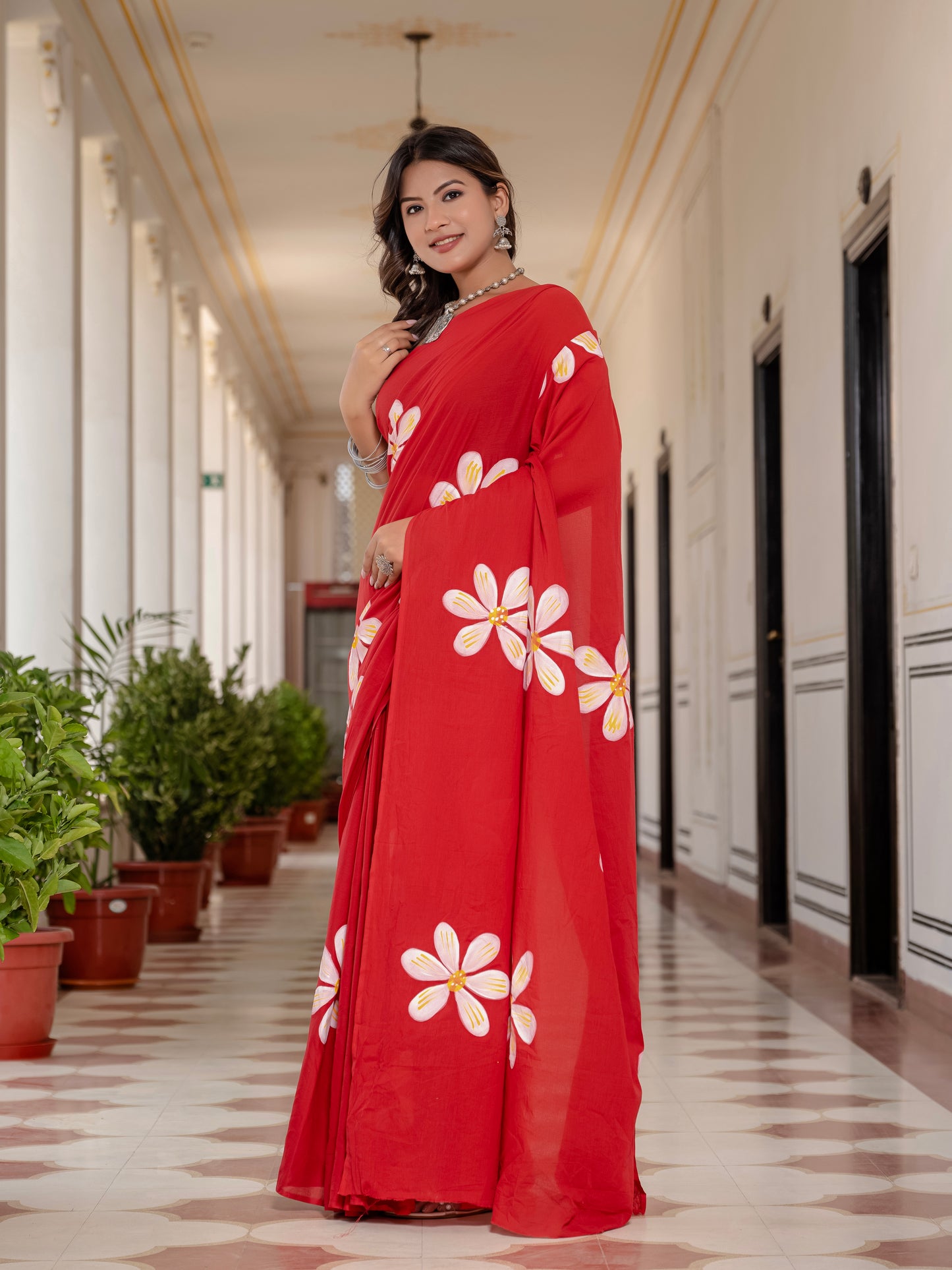 Tomato Red Hand painted saree