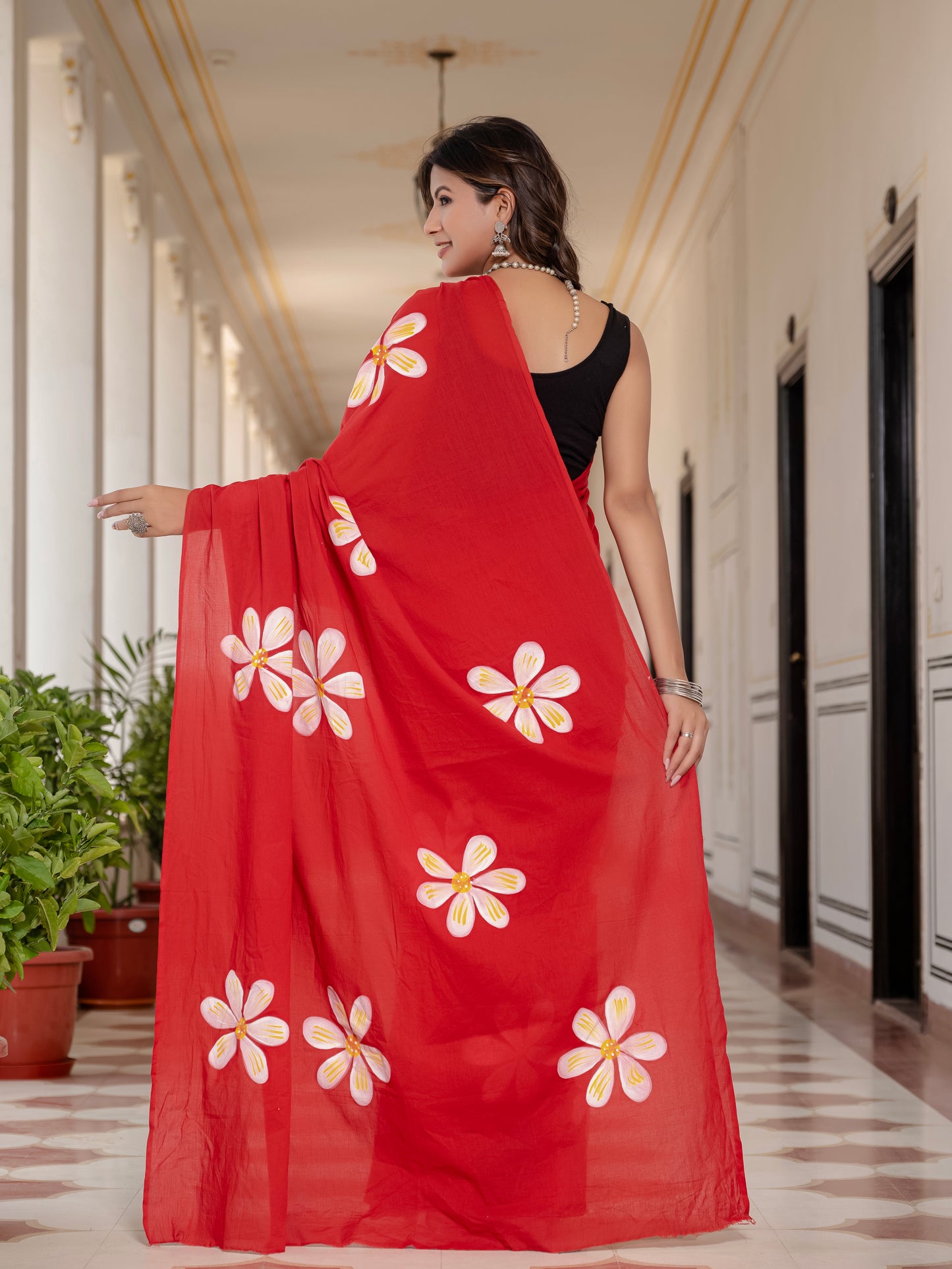 Tomato Red Hand painted saree