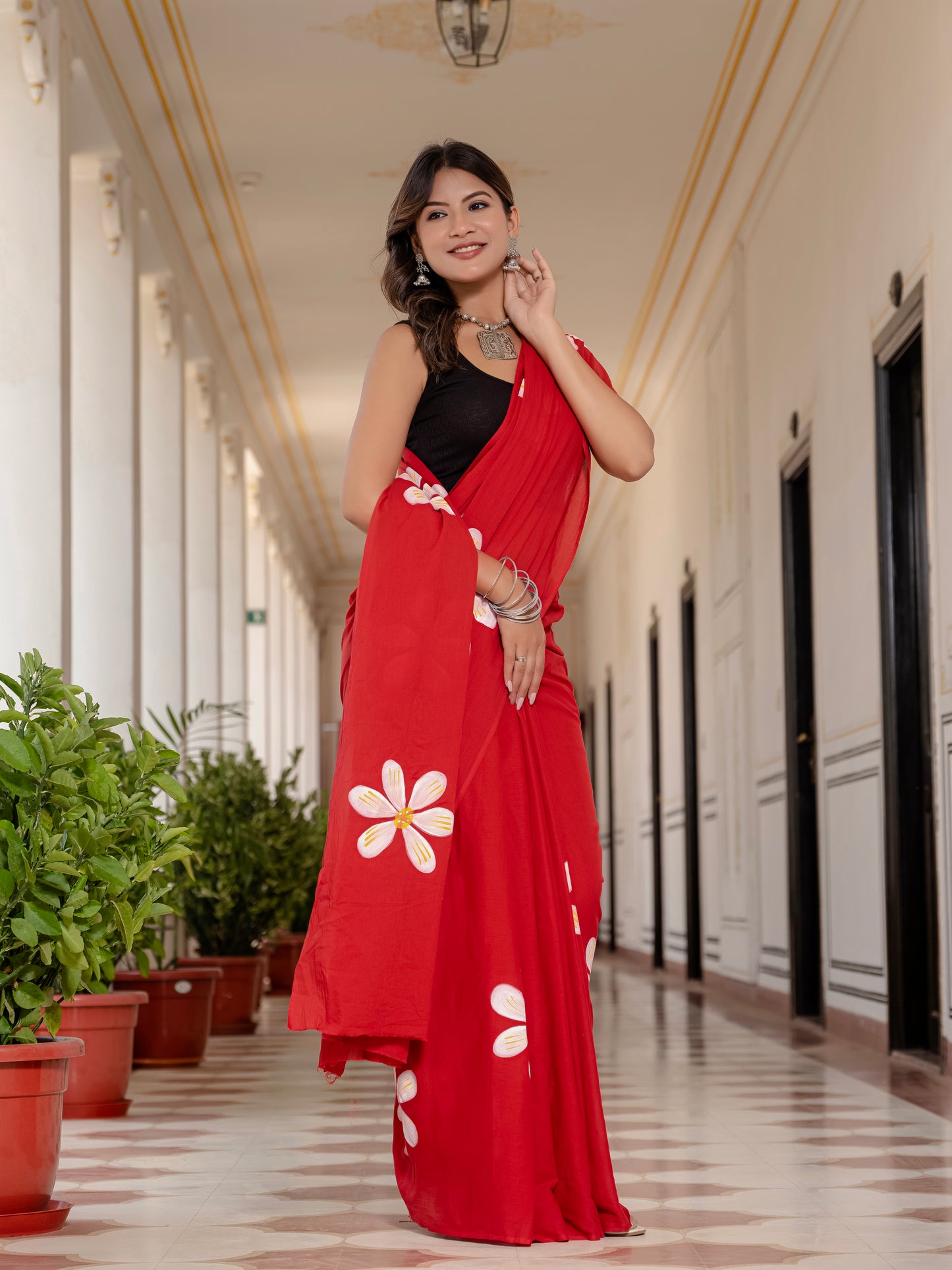 Tomato Red Hand painted saree