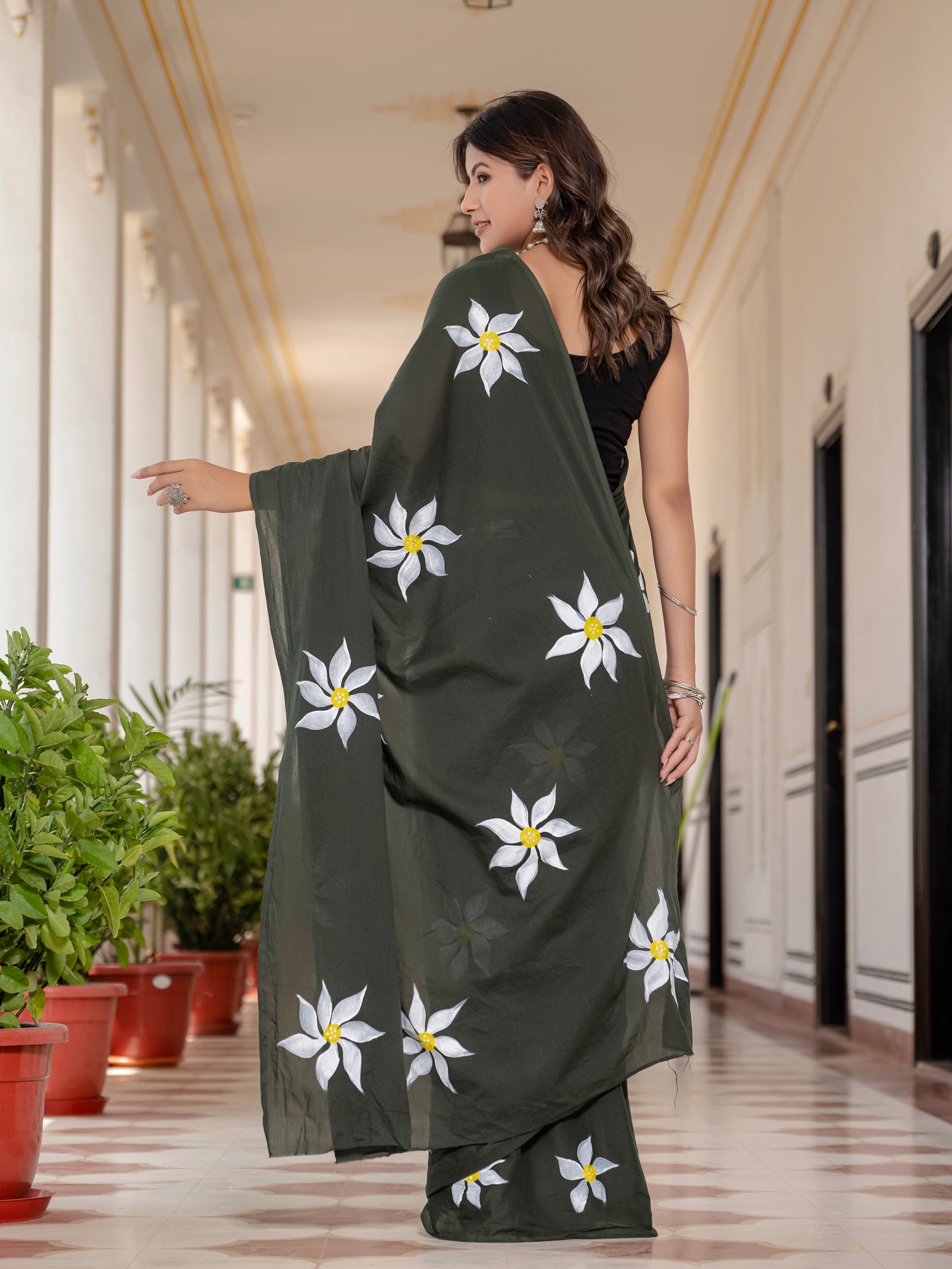 Mehandi Green Hand Printed Pure Mul Cotton Saree