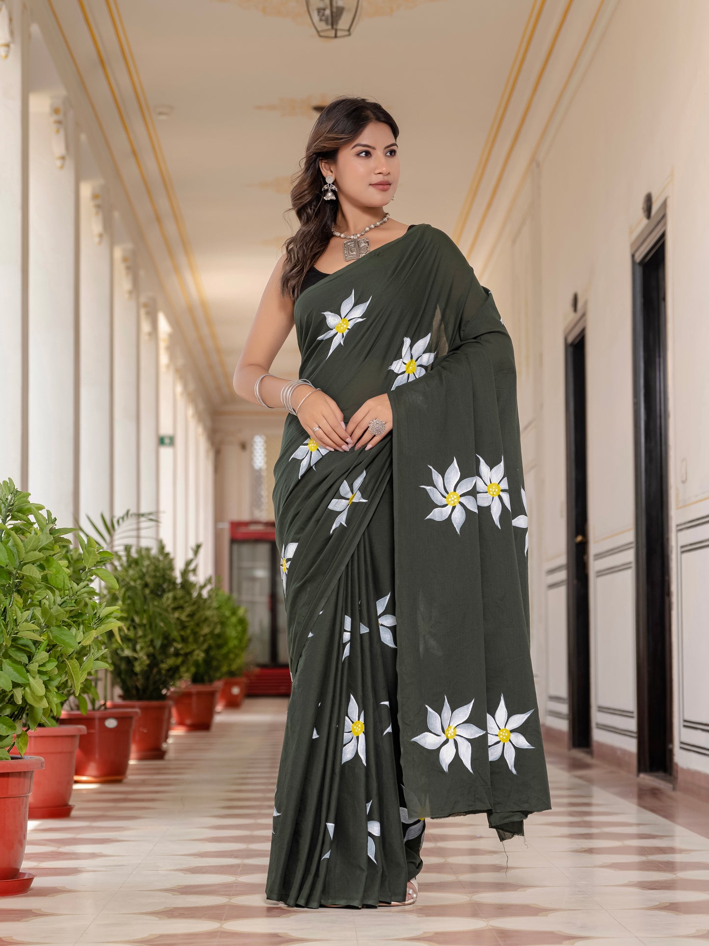 Mehandi Green Hand Printed Pure Mul Cotton Saree
