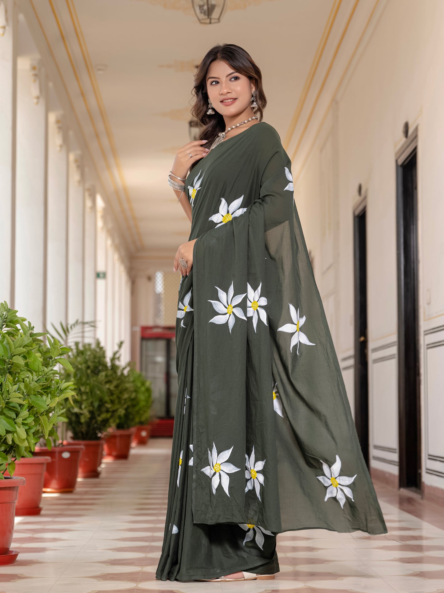 Mehandi Green Hand Printed Pure Mul Cotton Saree