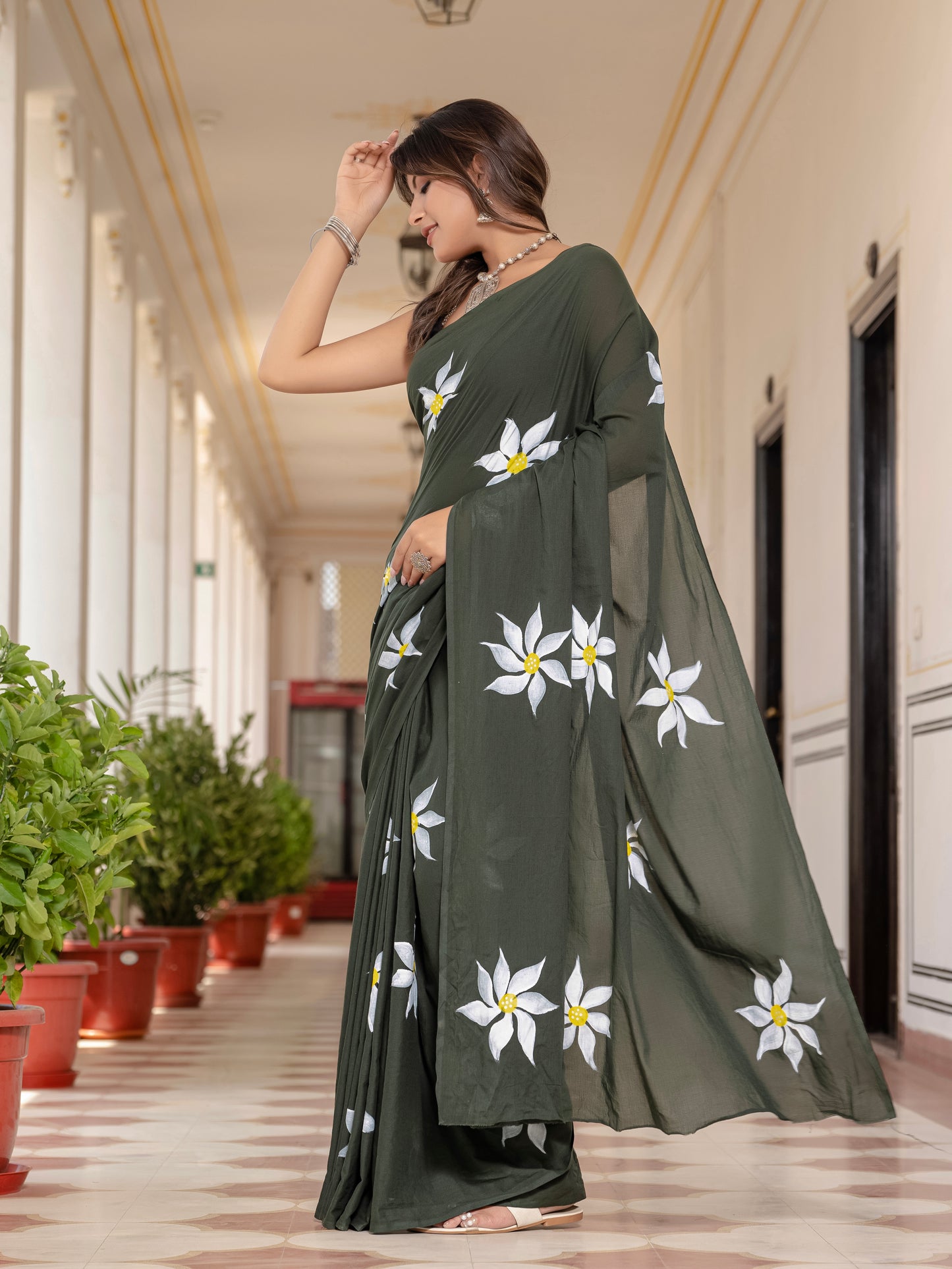 Mehandi Green Hand Printed Pure Mul Cotton Saree
