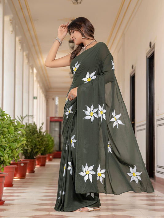 Mehandi Green Hand Printed Pure Mul Cotton Saree