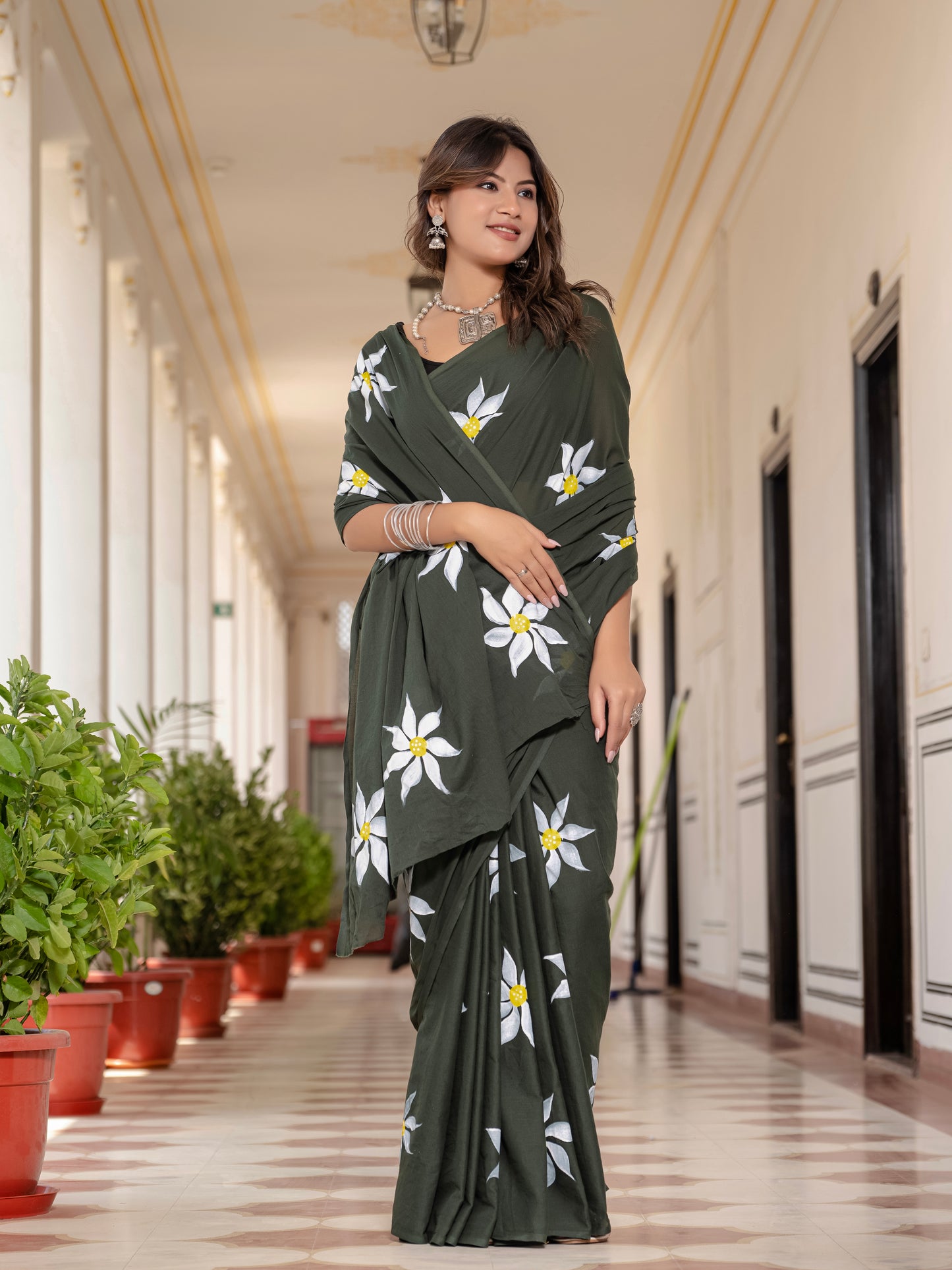 Mehandi Green Hand Printed Pure Mul Cotton Saree
