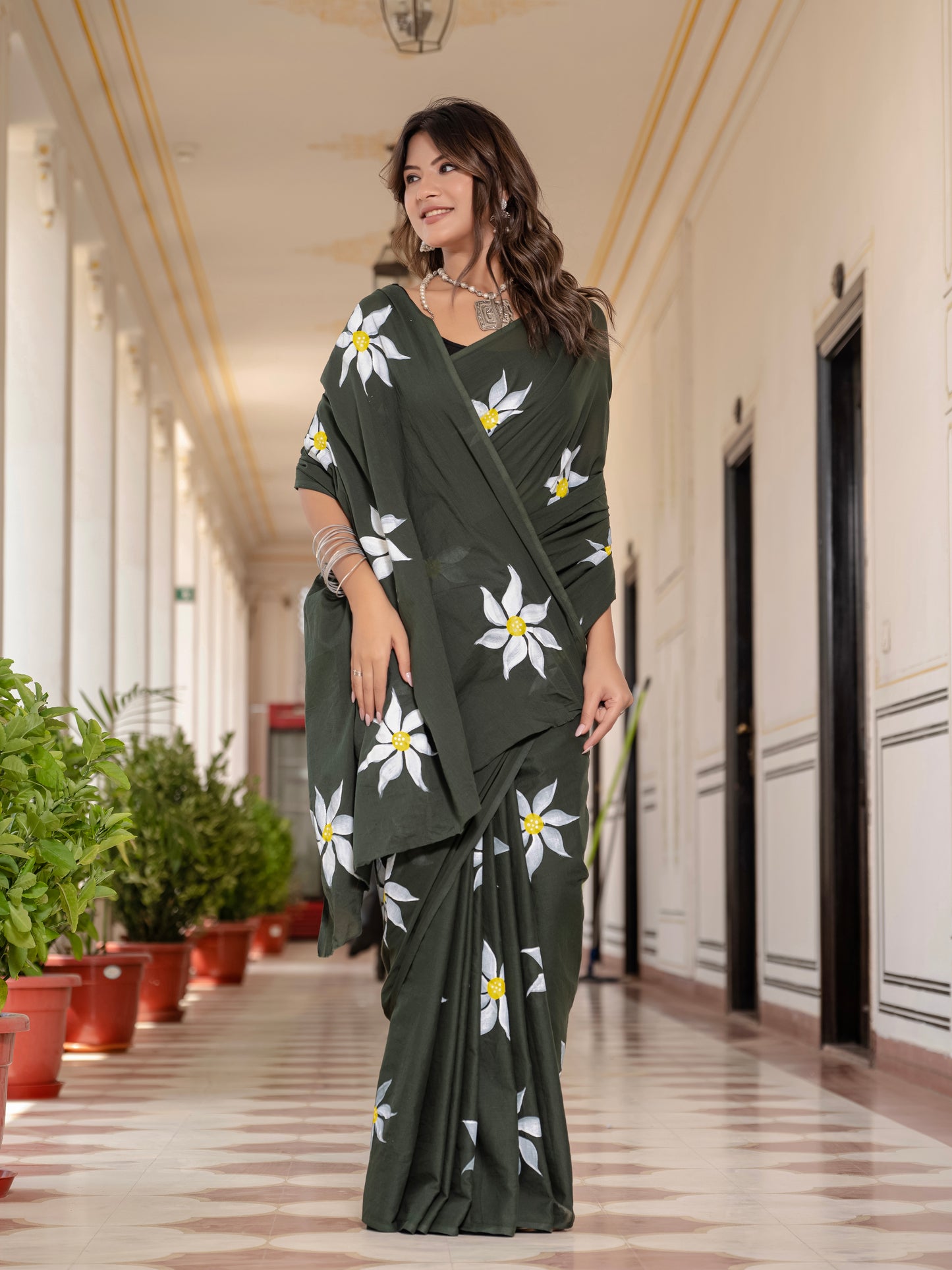 Mehandi Green Hand Printed Pure Mul Cotton Saree