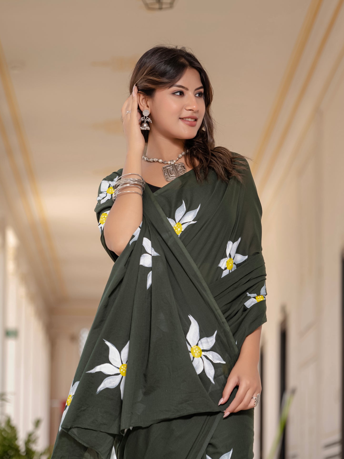 Mehandi Green Hand Printed Pure Mul Cotton Saree