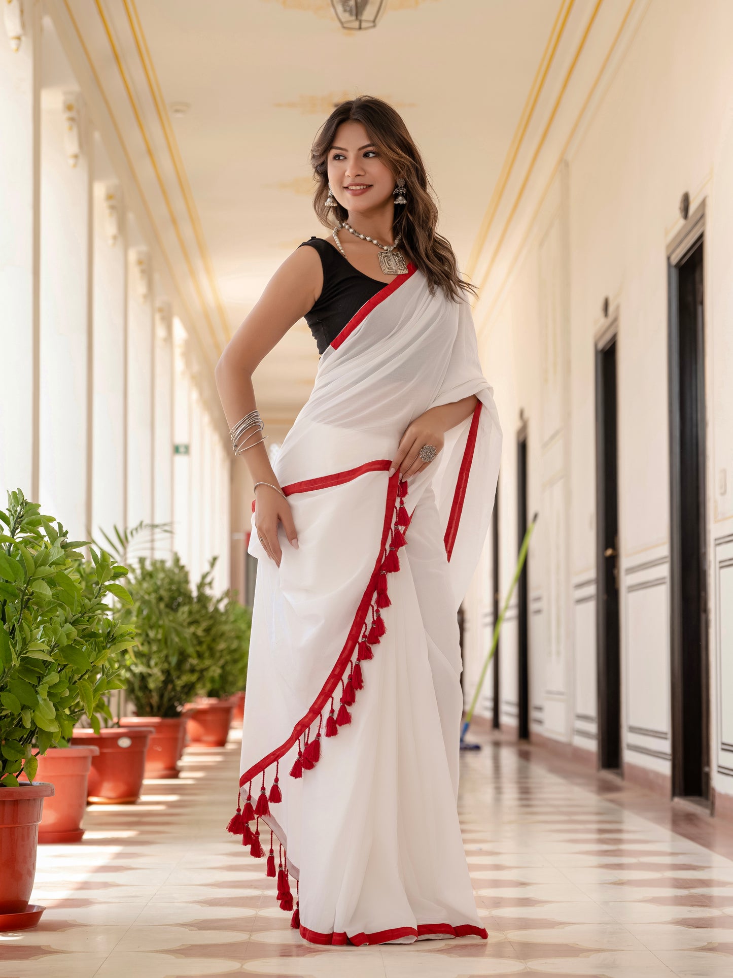 White saree with Red Tussells & Border Pure mul cotton