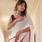 White saree with Red Tussells & Border Pure mul cotton