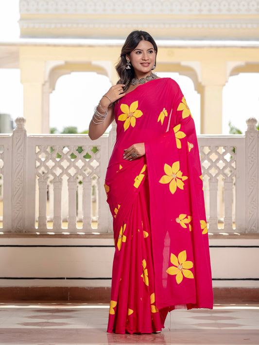 Rani Pink hand painted saree