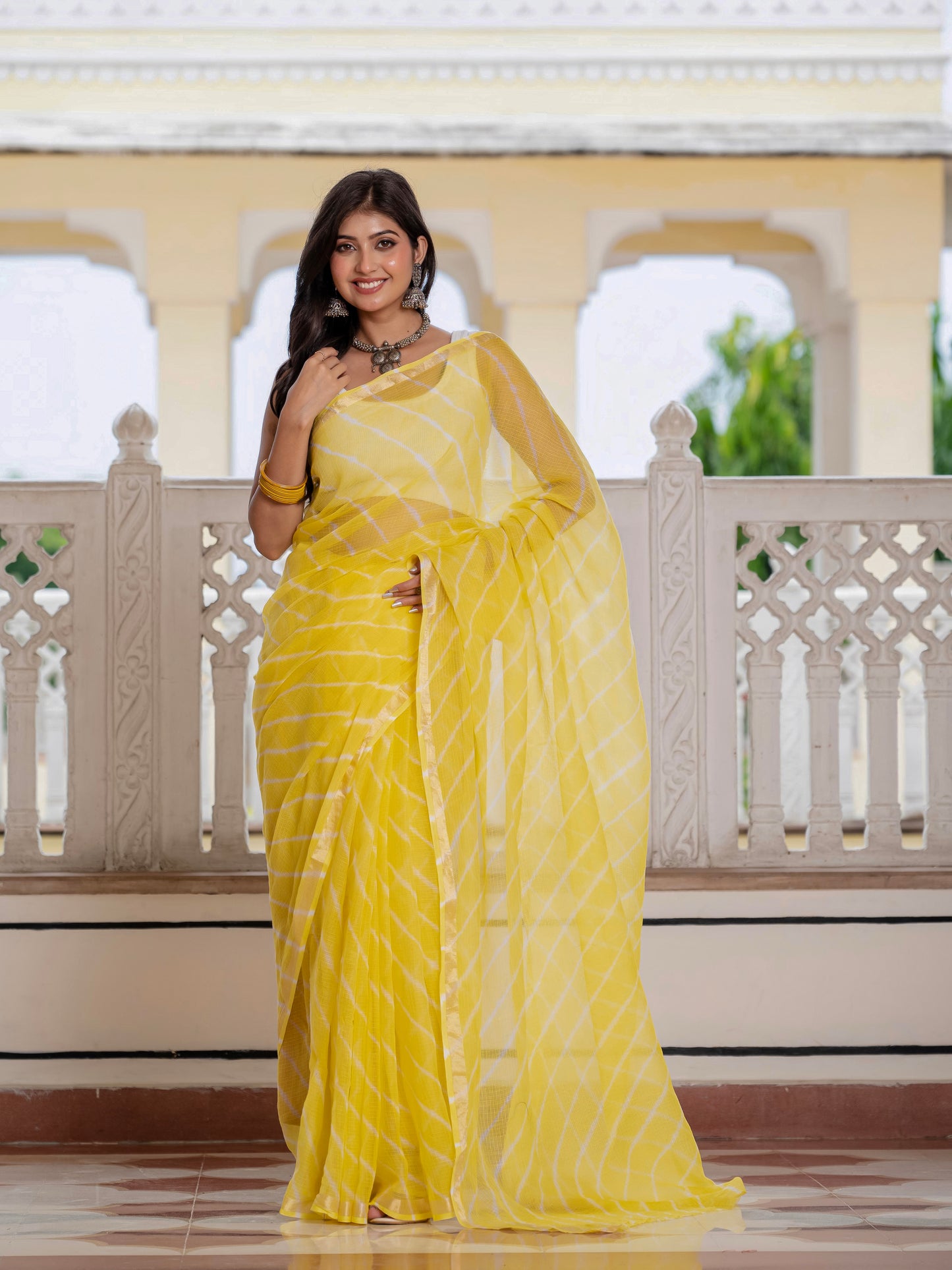 Yellow Lehriya Kota Doria saree