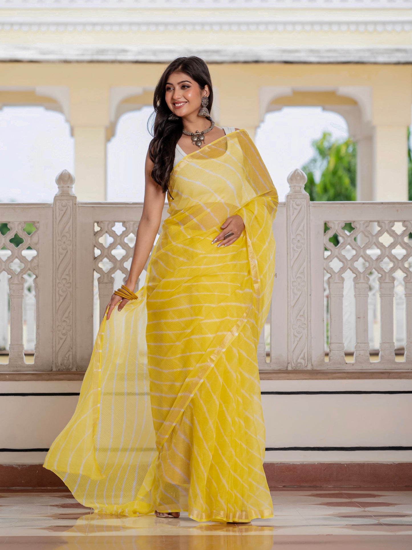 Yellow Lehriya Kota Doria saree