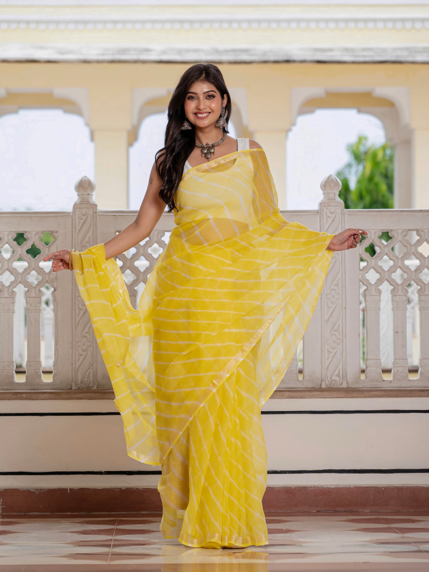 Yellow Lehriya Kota Doria saree
