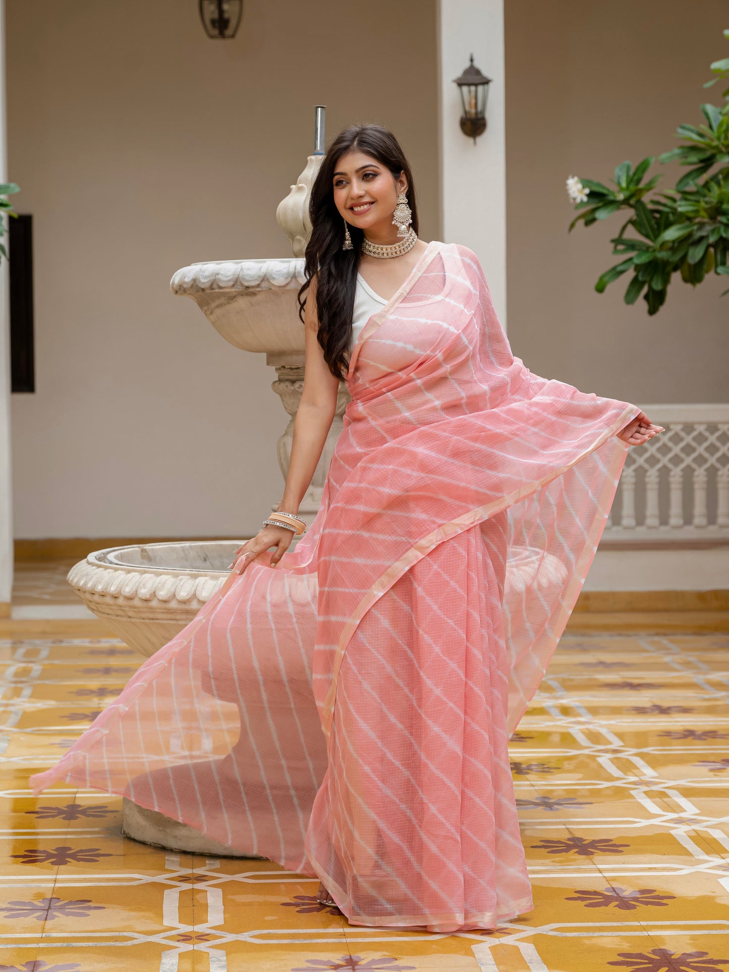 Peach Lehriya Kota Doria saree
