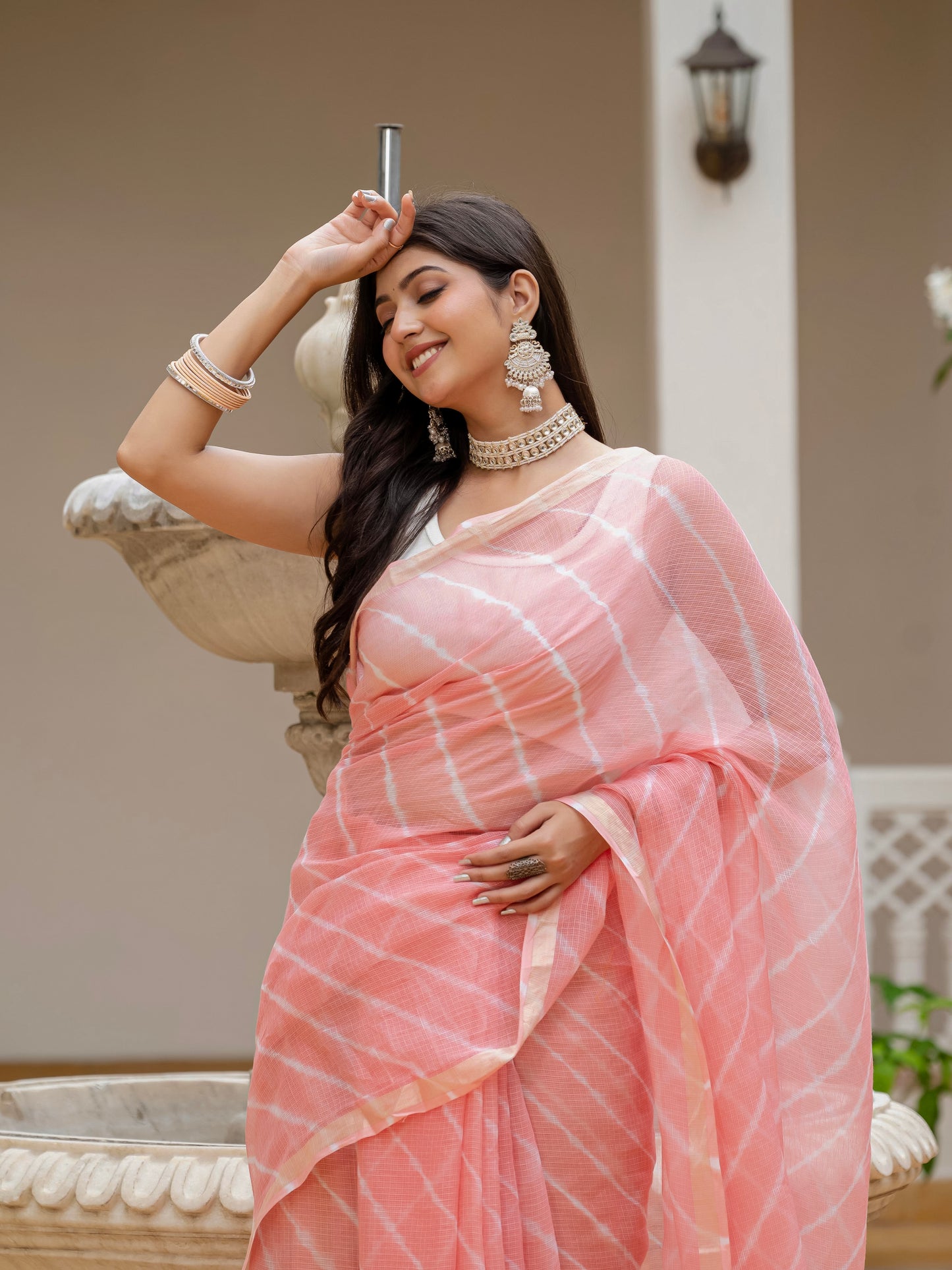 Peach Lehriya Kota Doria saree