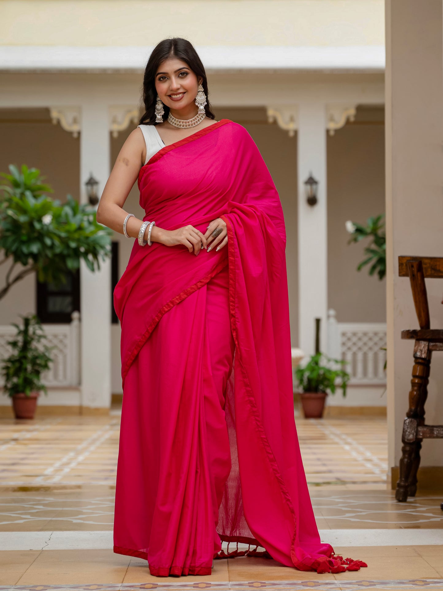 Rani pink saree with tussels