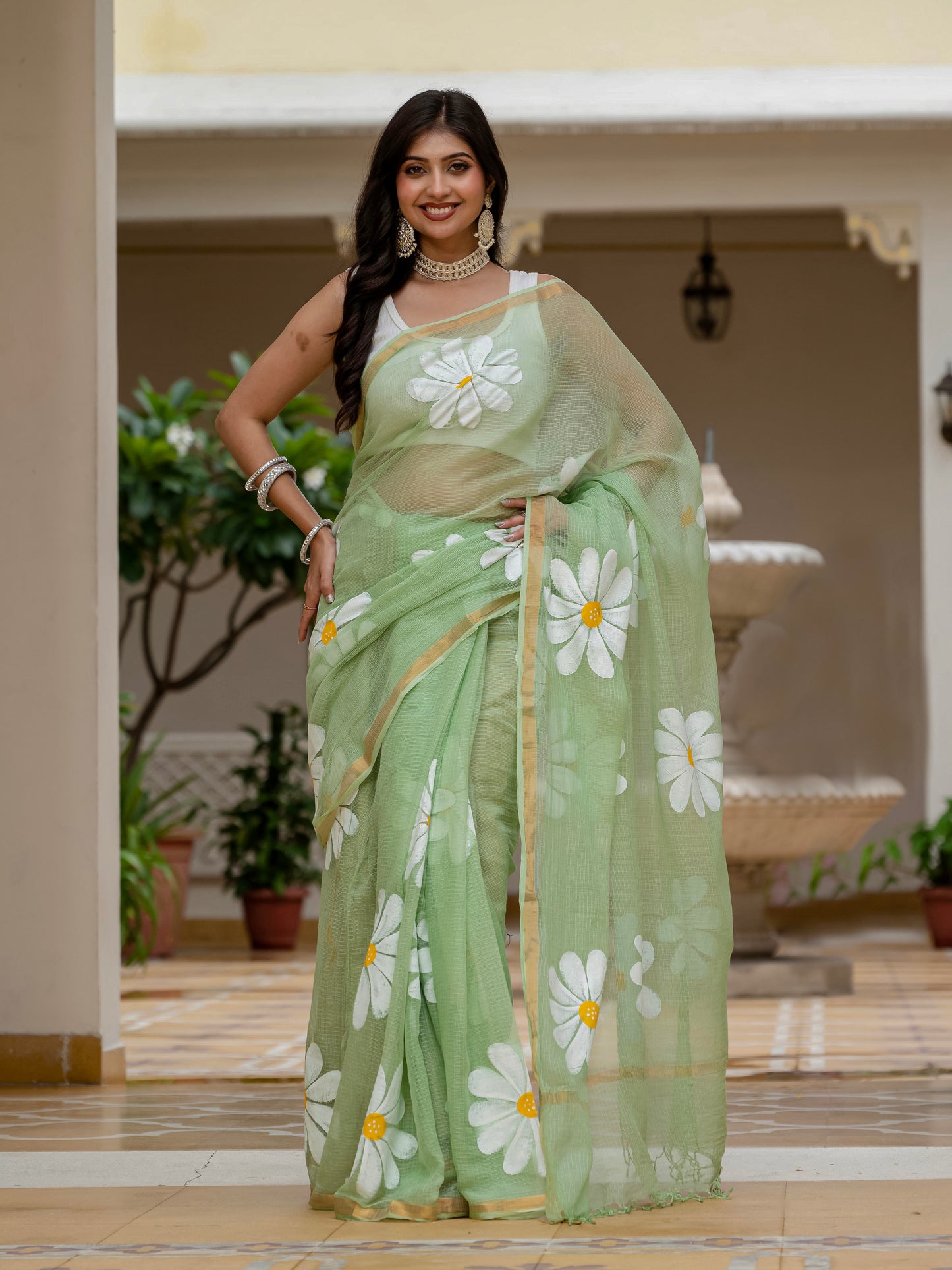 Green HandPainted pure Kota Doria saree