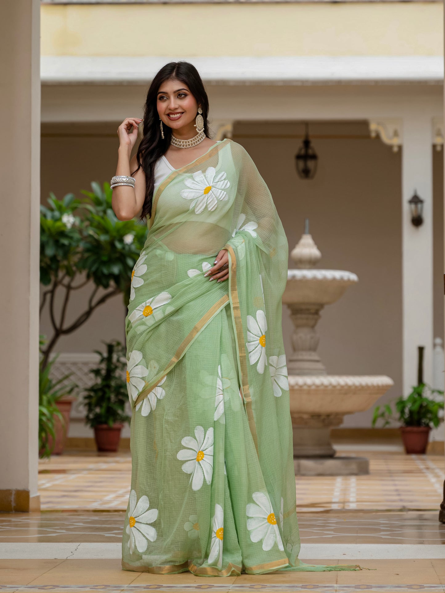 Green HandPainted pure Kota Doria saree